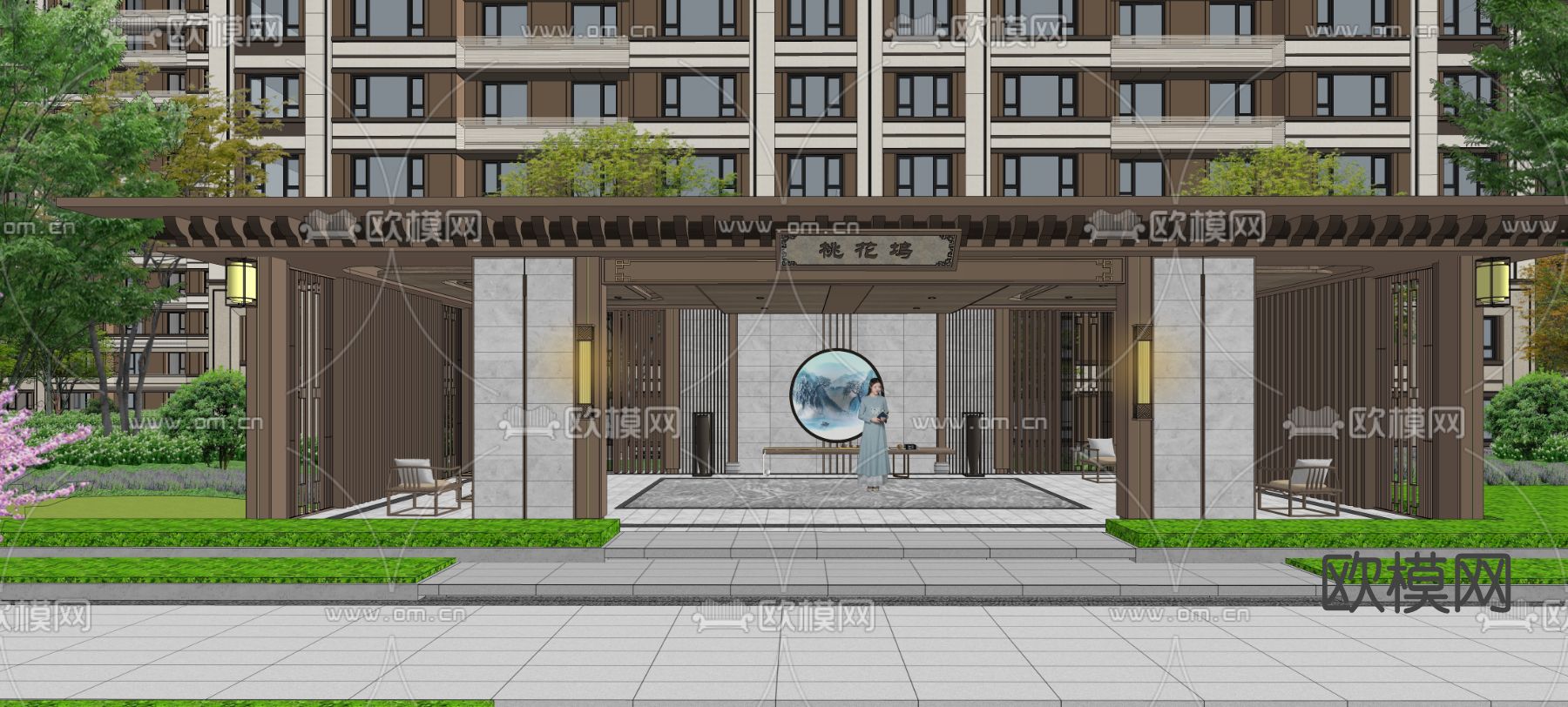 新中式小区门头su模型