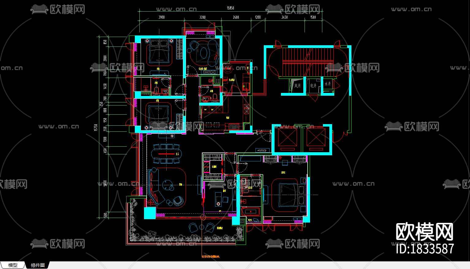 cad施工图周府别墅室内装饰cad施工图下载（渲染图10）