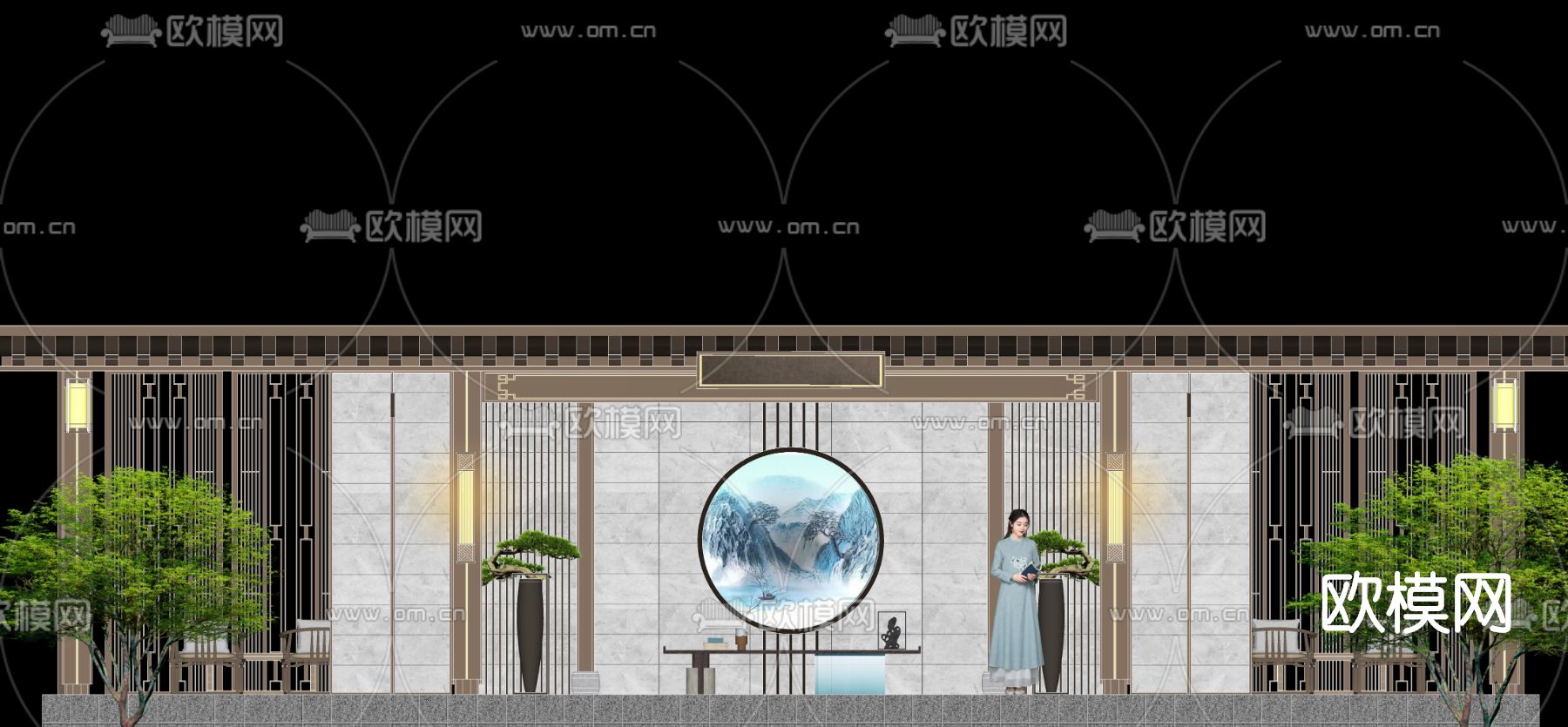 新中式小区门头su模型
