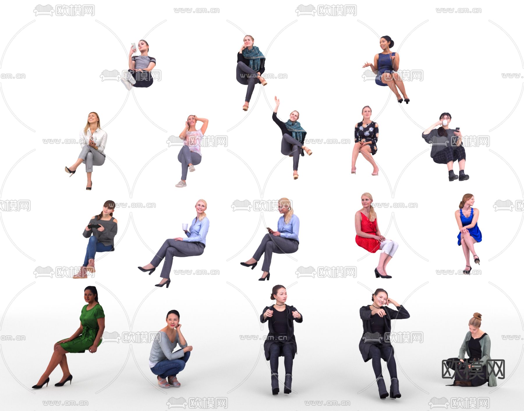 现代坐姿女性人物3d模型下载