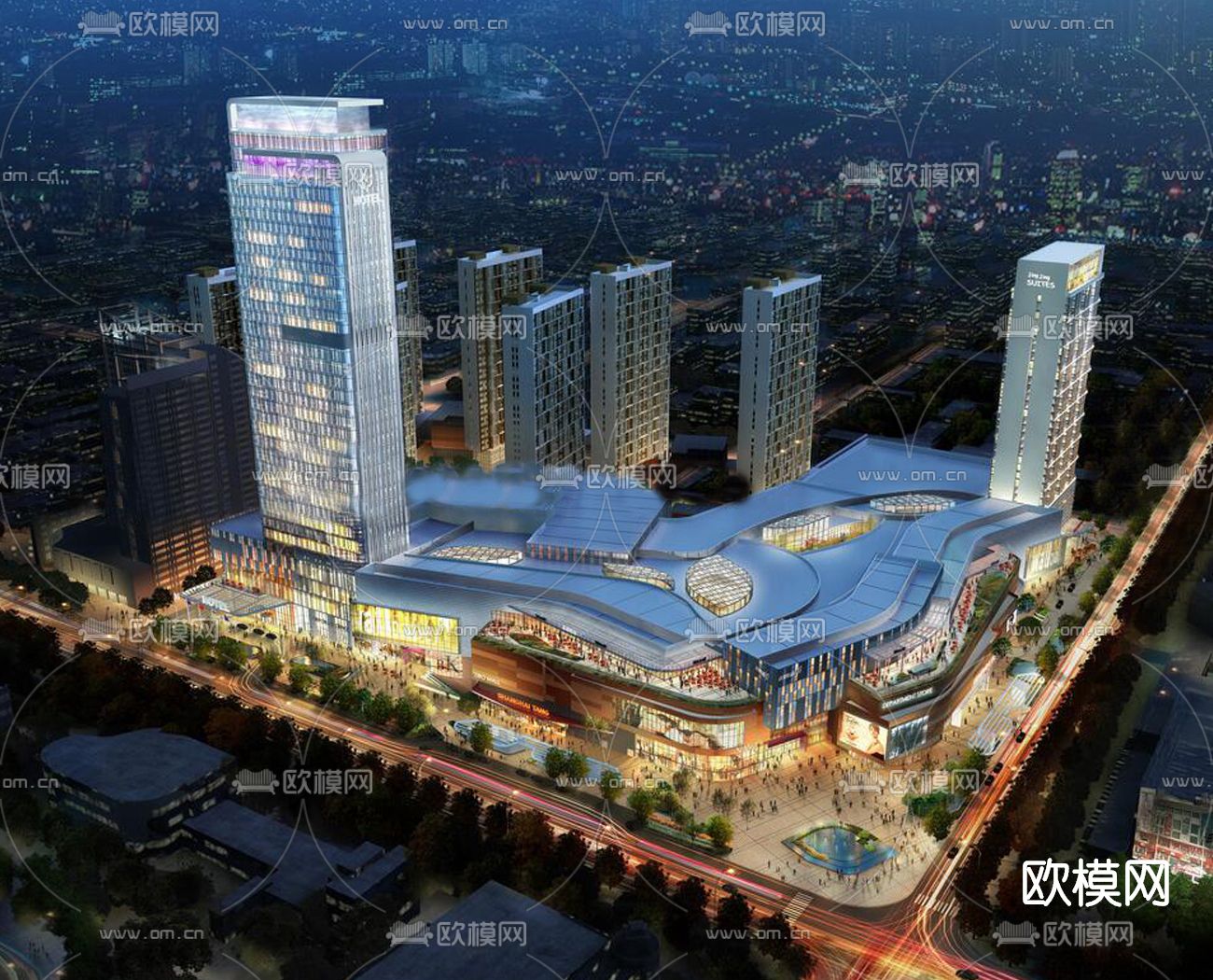 现代商业综合楼鸟瞰su模型下载（渲染图1）