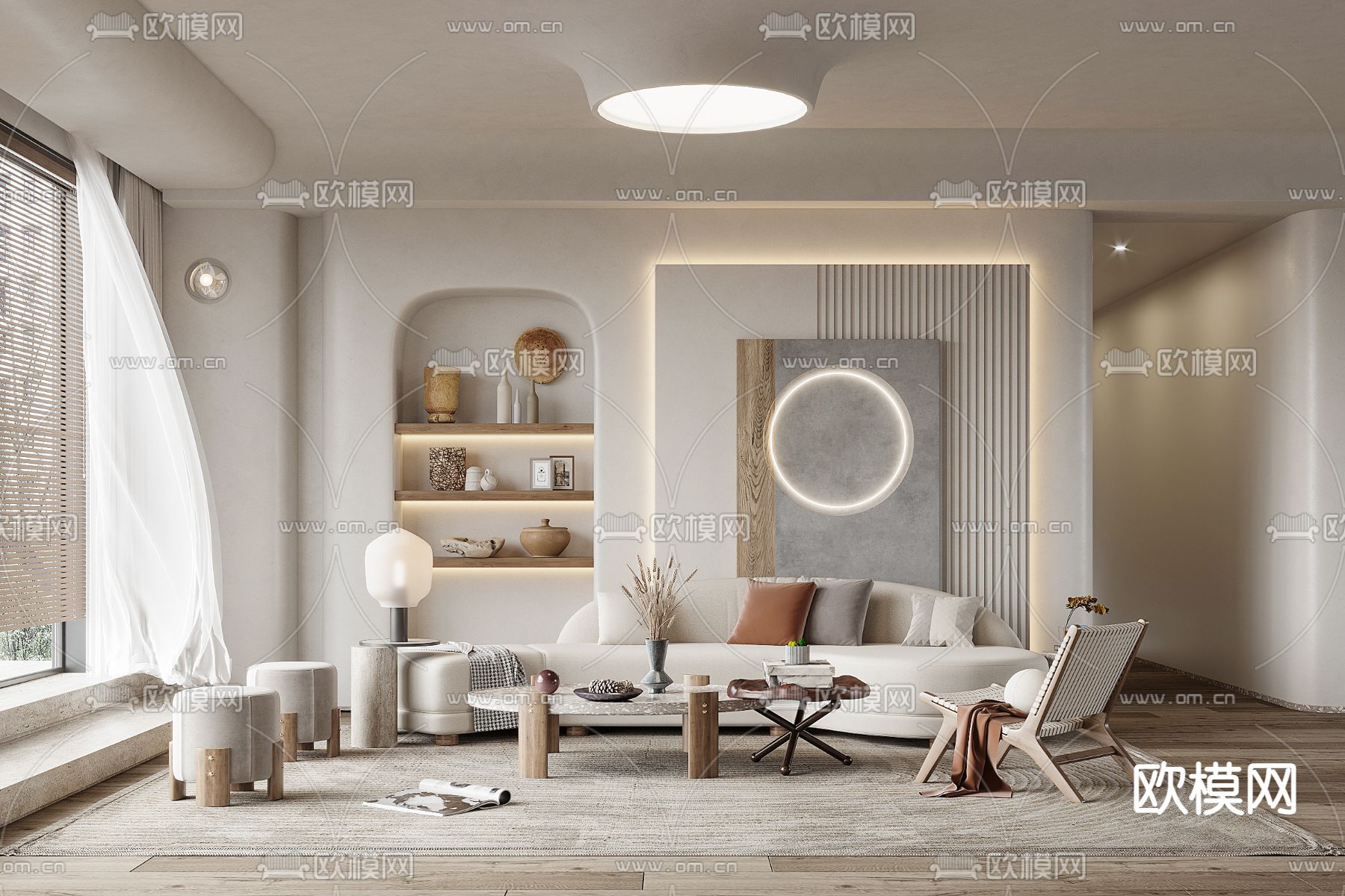 侘寂布艺弧形沙发组合3d模型下载（渲染图1）