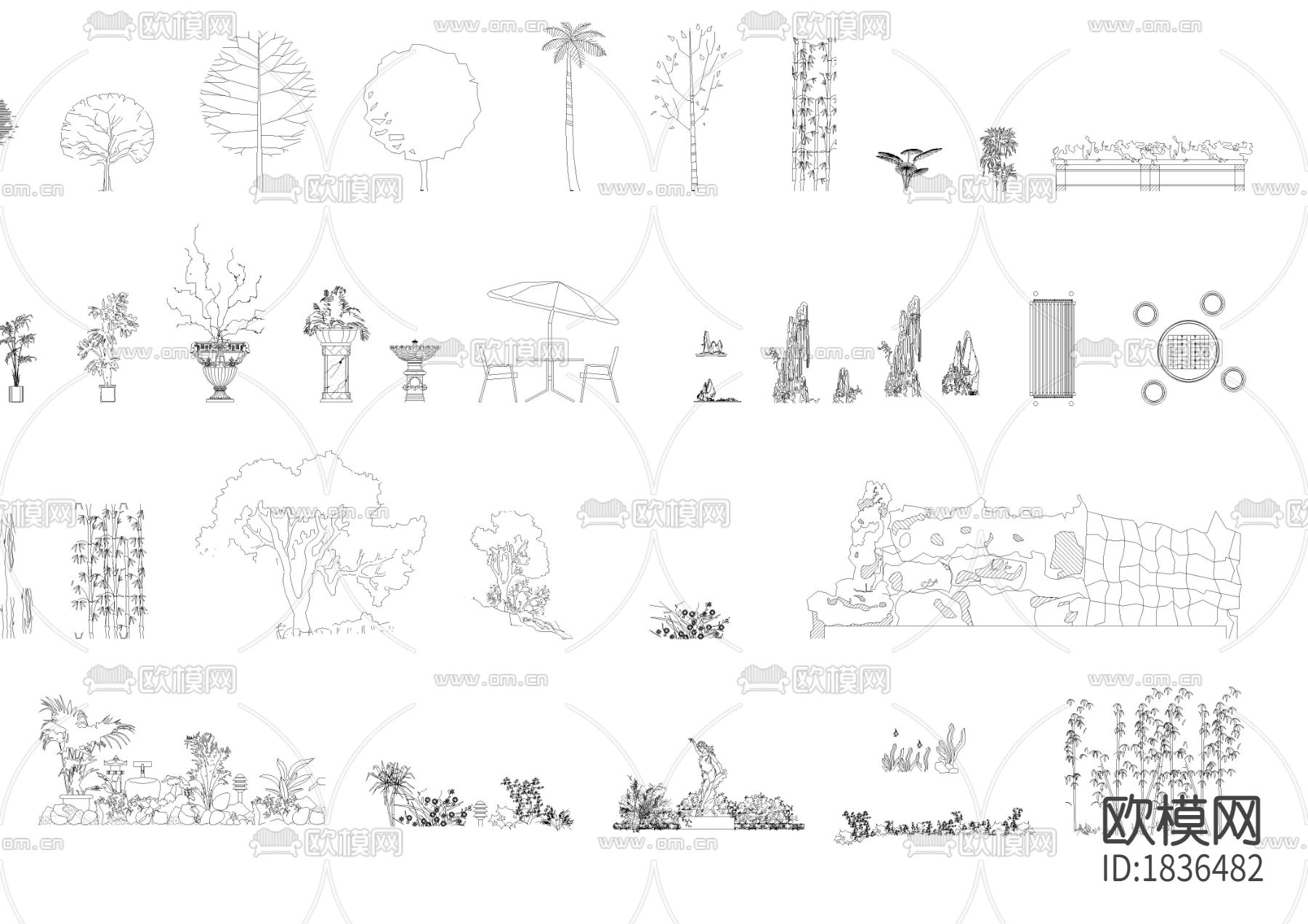 绿化植物立面cad图库下载（渲染图2）