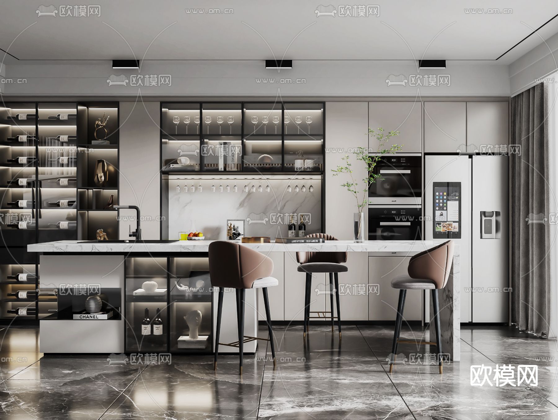 现代酒柜吧台吧台椅3d模型下载