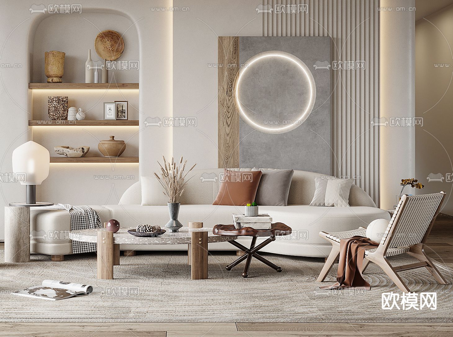 侘寂布艺弧形沙发组合3d模型下载（渲染图2）