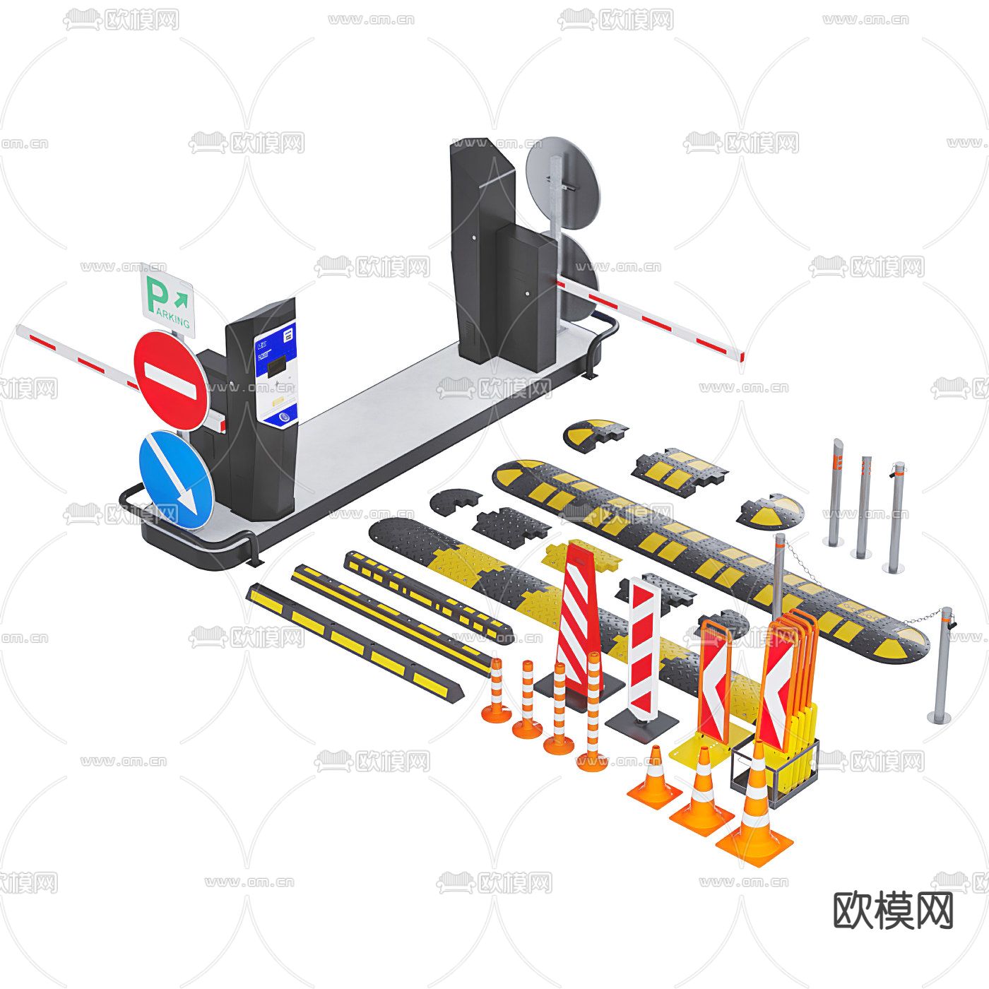现代停车场入口道闸减速带路障3d模型下载（渲染图1）