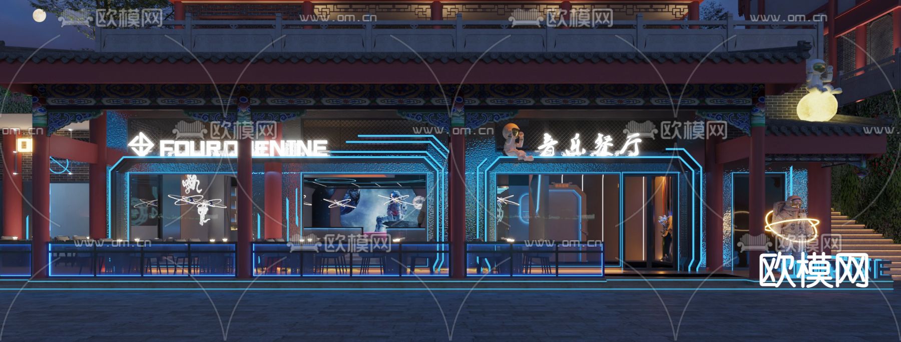 新中式音乐餐吧门头3d模型下载