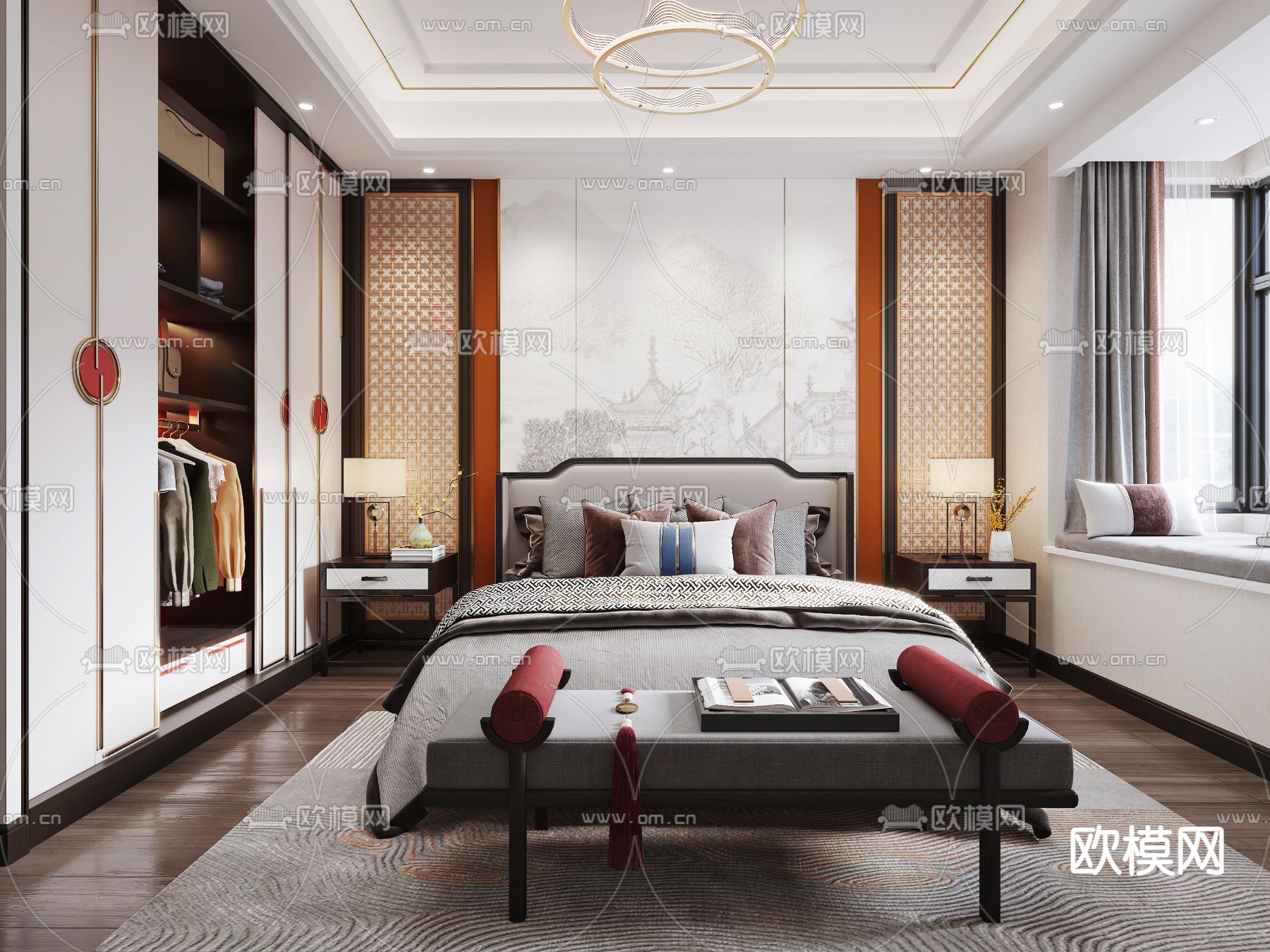 新中式卧室主人房3d模型下载（渲染图1）