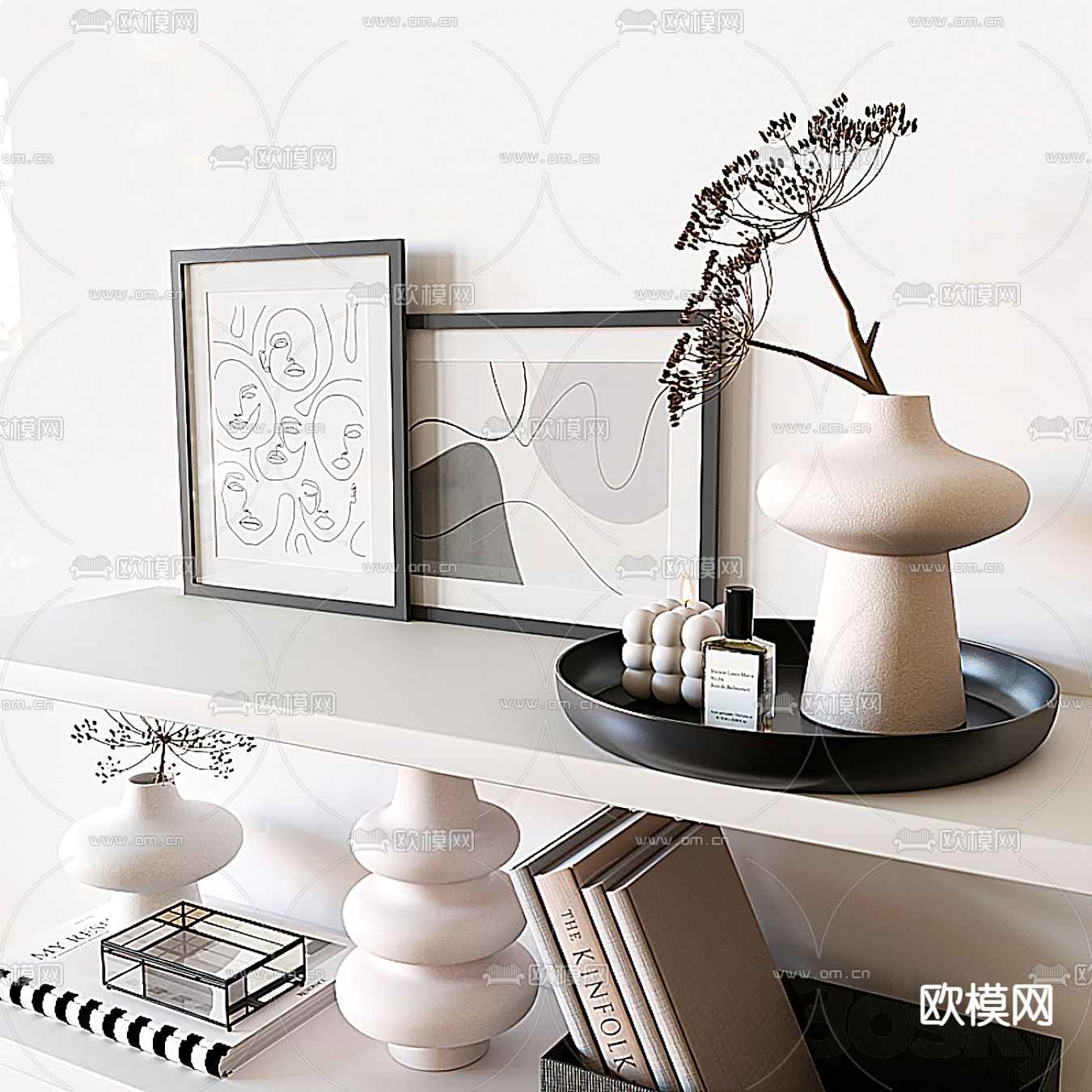 侘寂书籍花瓶饰品摆件3d模型