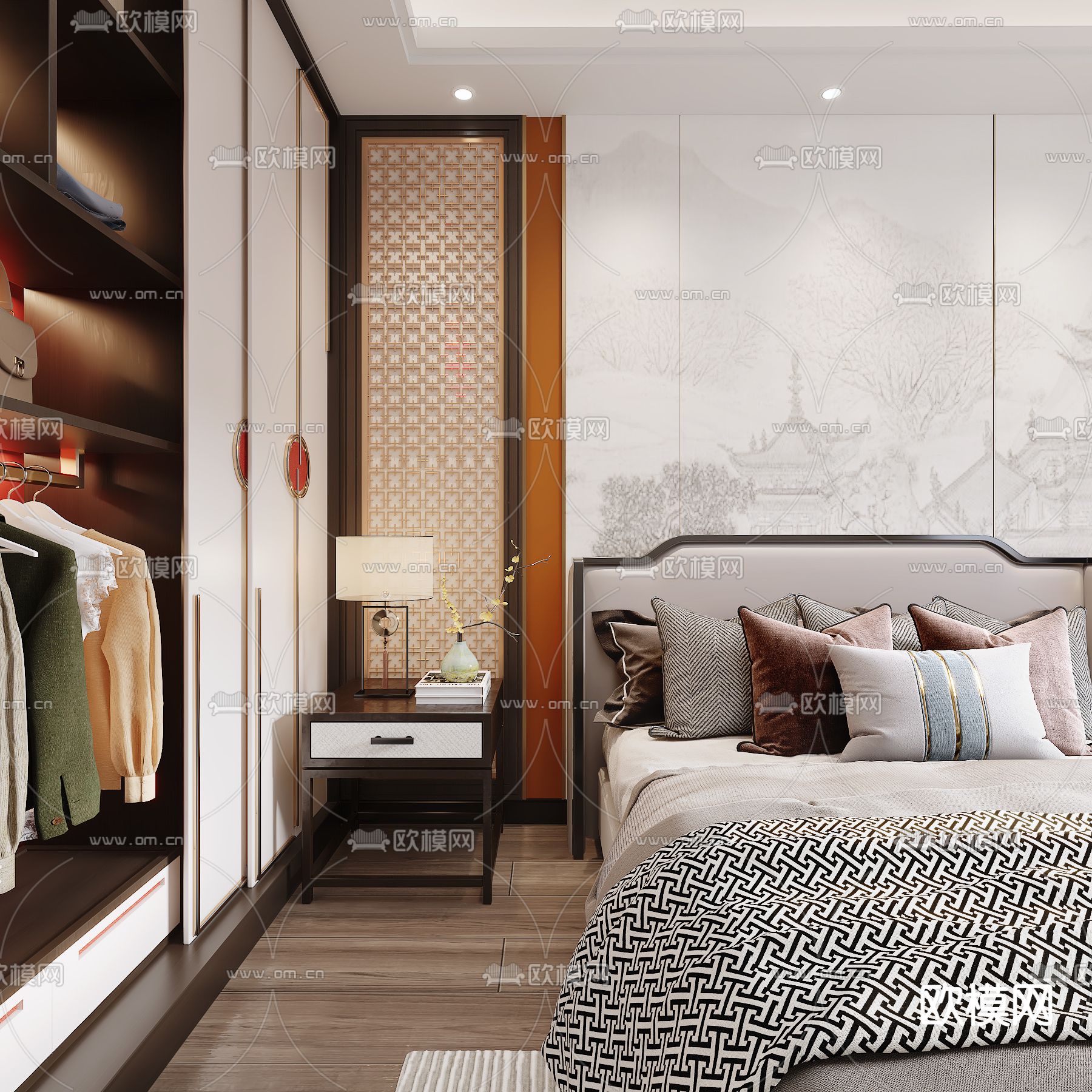 新中式卧室主人房3d模型下载（渲染图2）