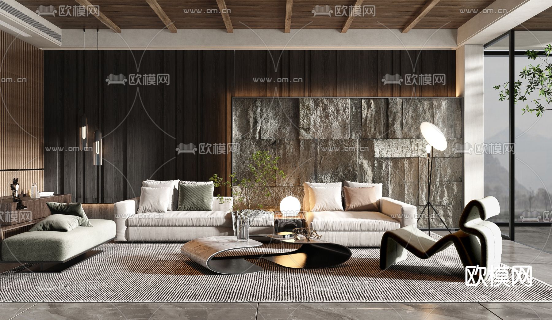 侘寂布艺沙发组合3d模型下载（渲染图1）