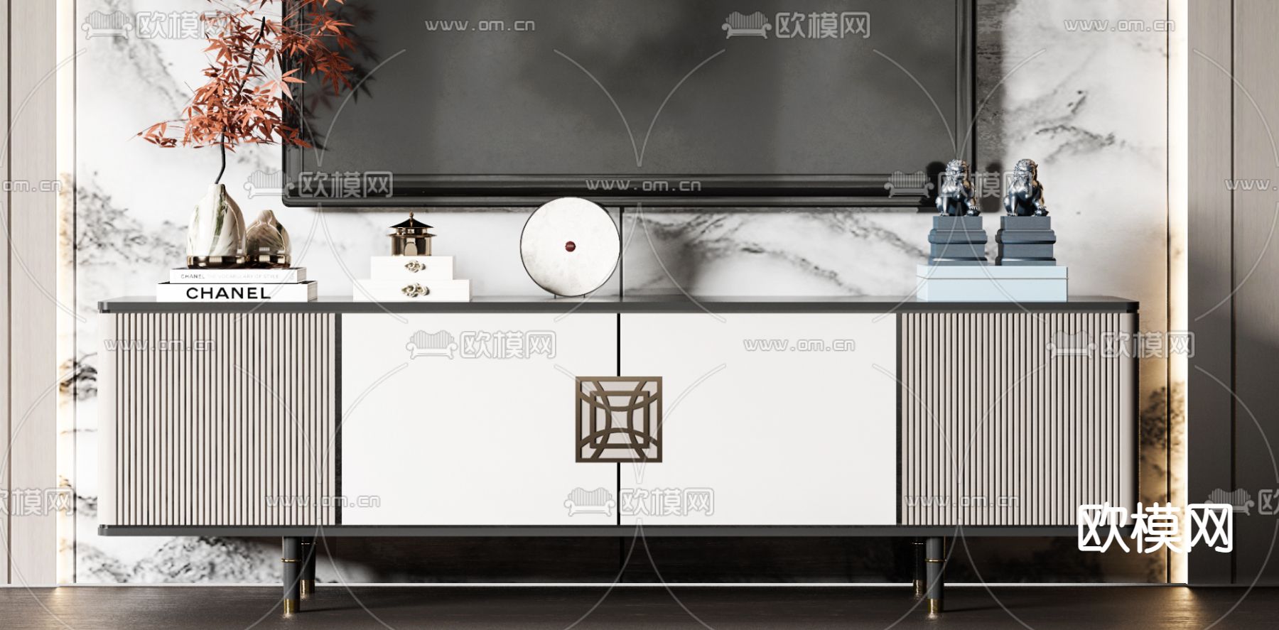 新中式轻奢电视柜3d模型下载（渲染图2）