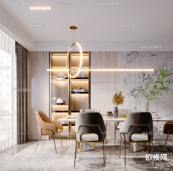 现代轻奢餐厅3d模型下载(渲染图3)