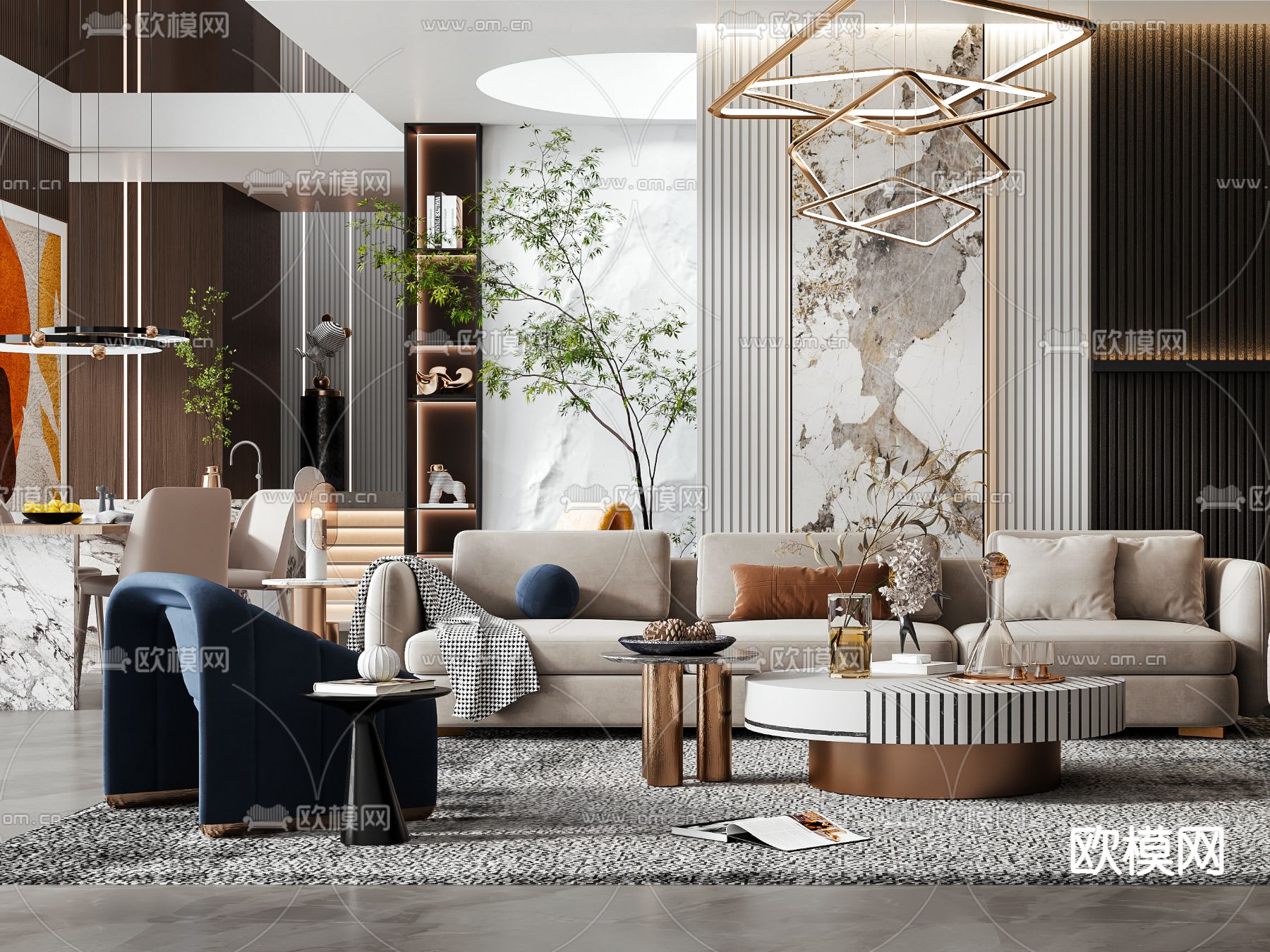 现代轻奢别墅客餐厅3d模型下载（渲染图2）