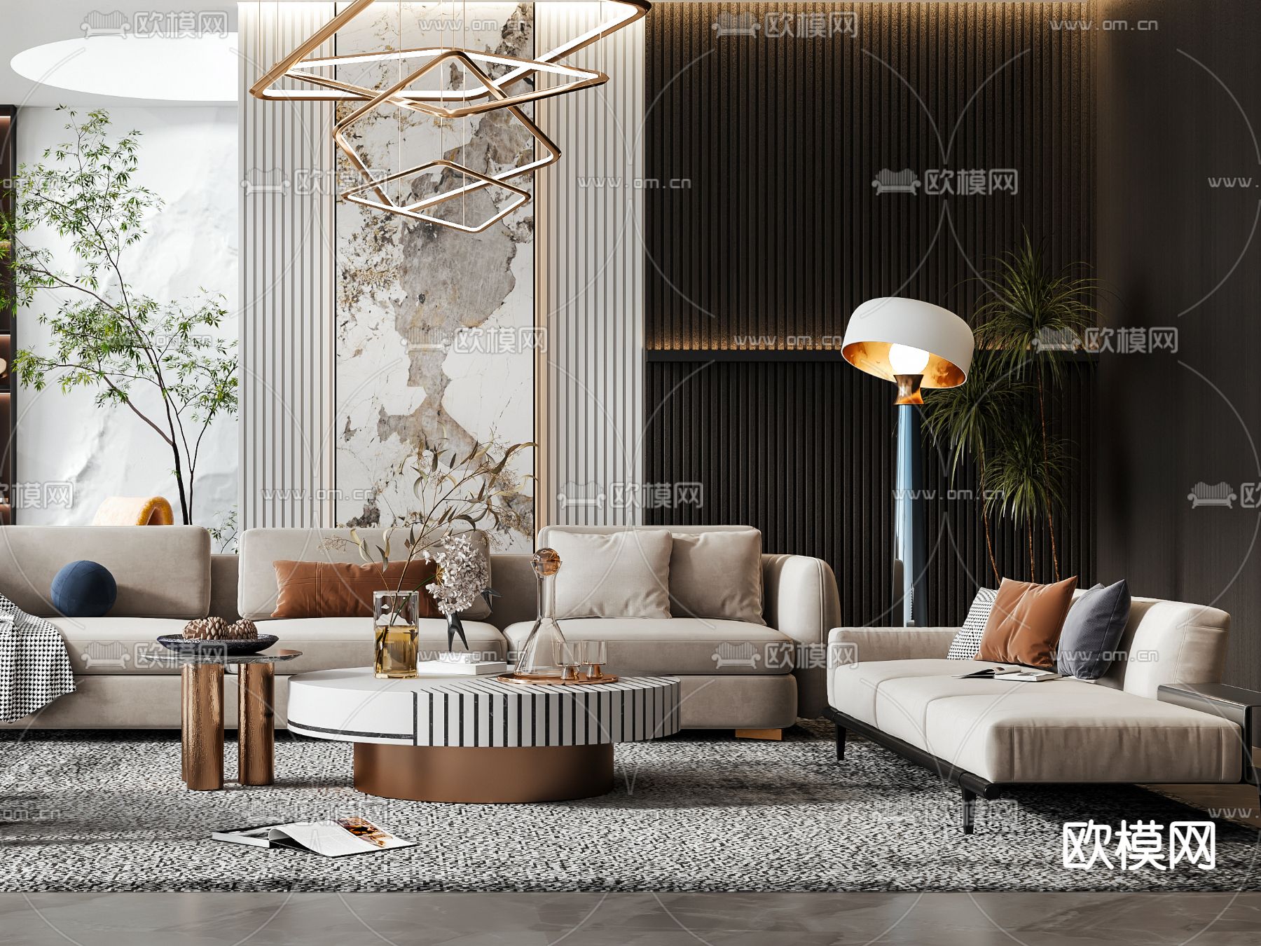 现代轻奢别墅客餐厅3d模型下载（渲染图3）