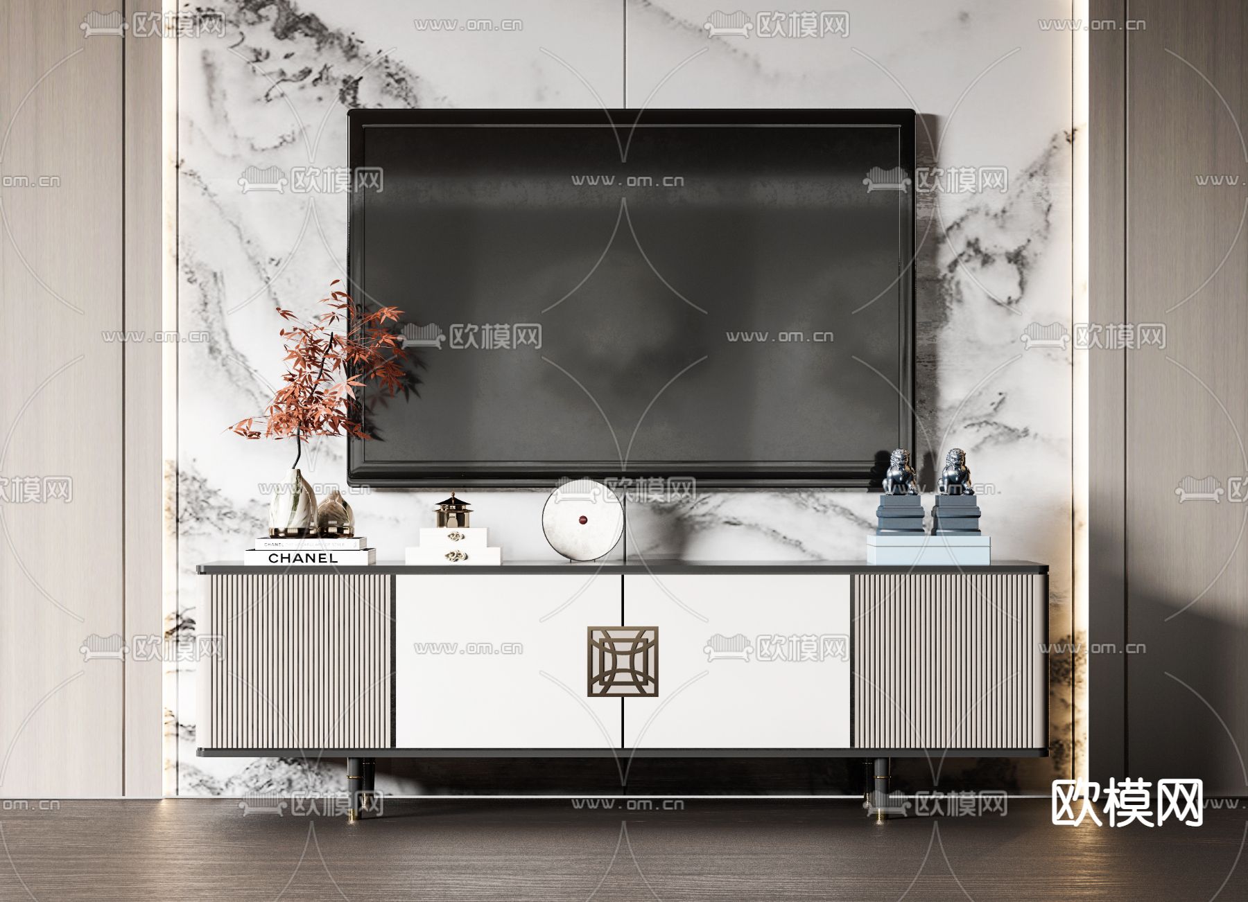 新中式轻奢电视柜3d模型下载（渲染图1）