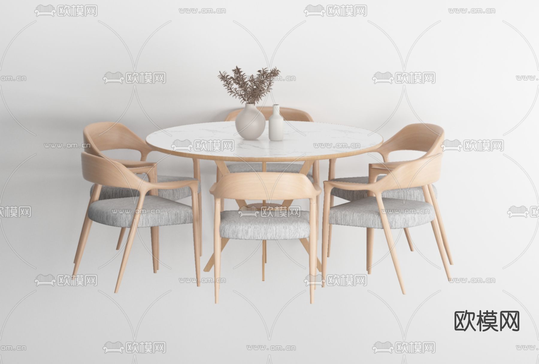 北欧实木圆形餐桌椅免费3d模型下载