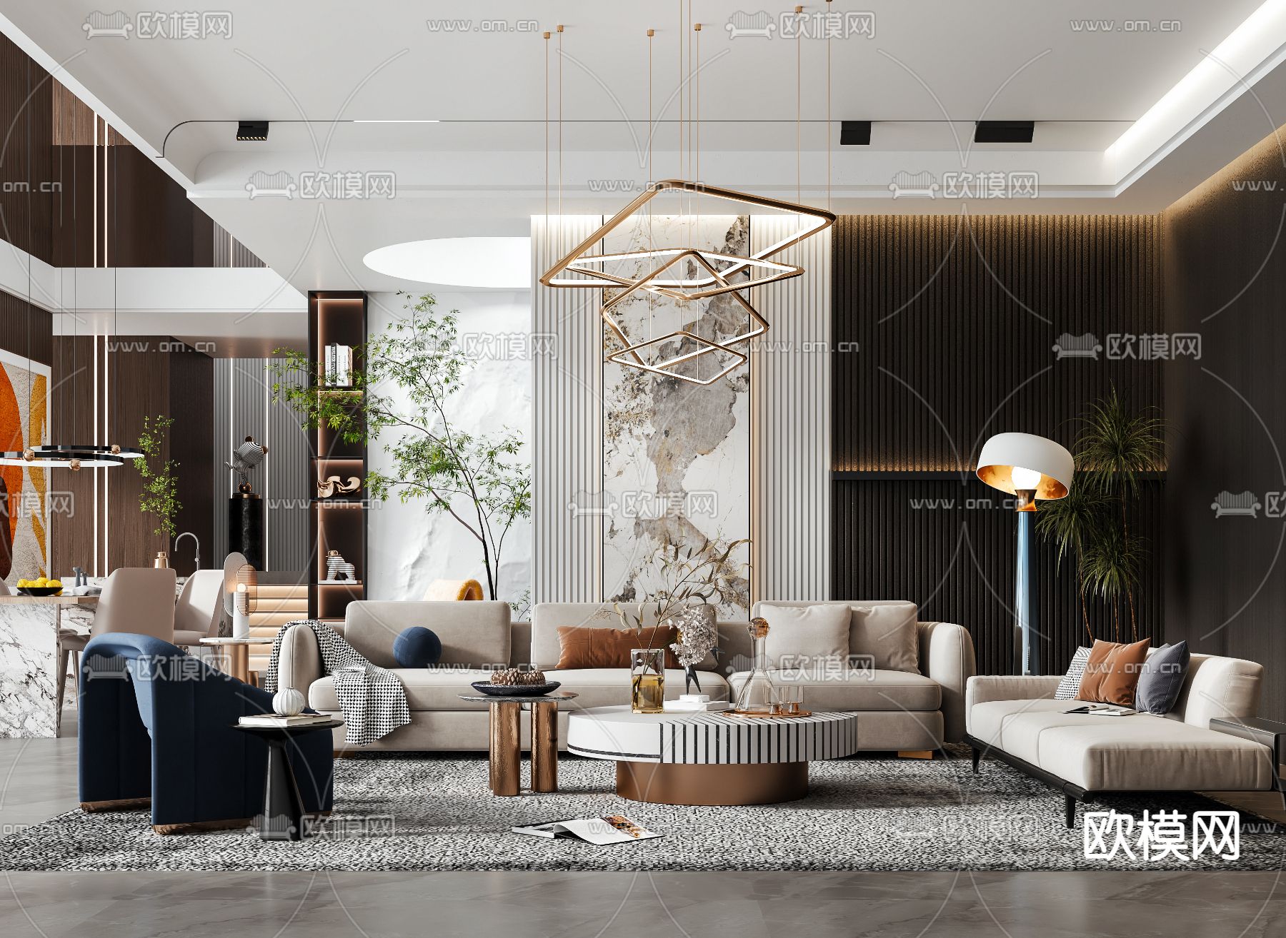 现代轻奢别墅客餐厅3d模型下载（渲染图1）