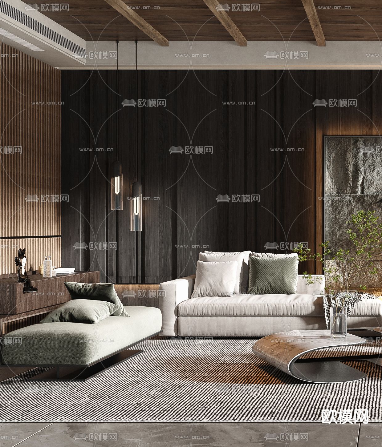 侘寂布艺沙发组合3d模型下载（渲染图2）