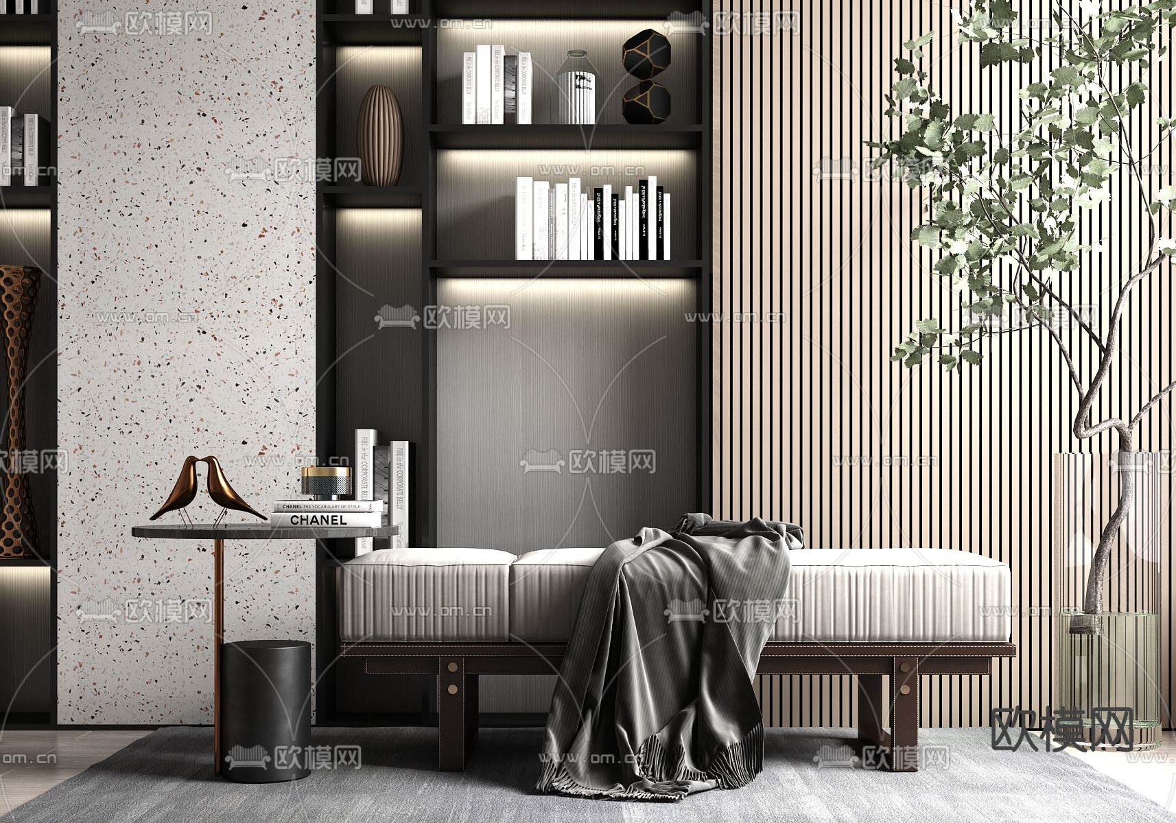 现代轻奢沙发凳su模型下载（渲染图1）