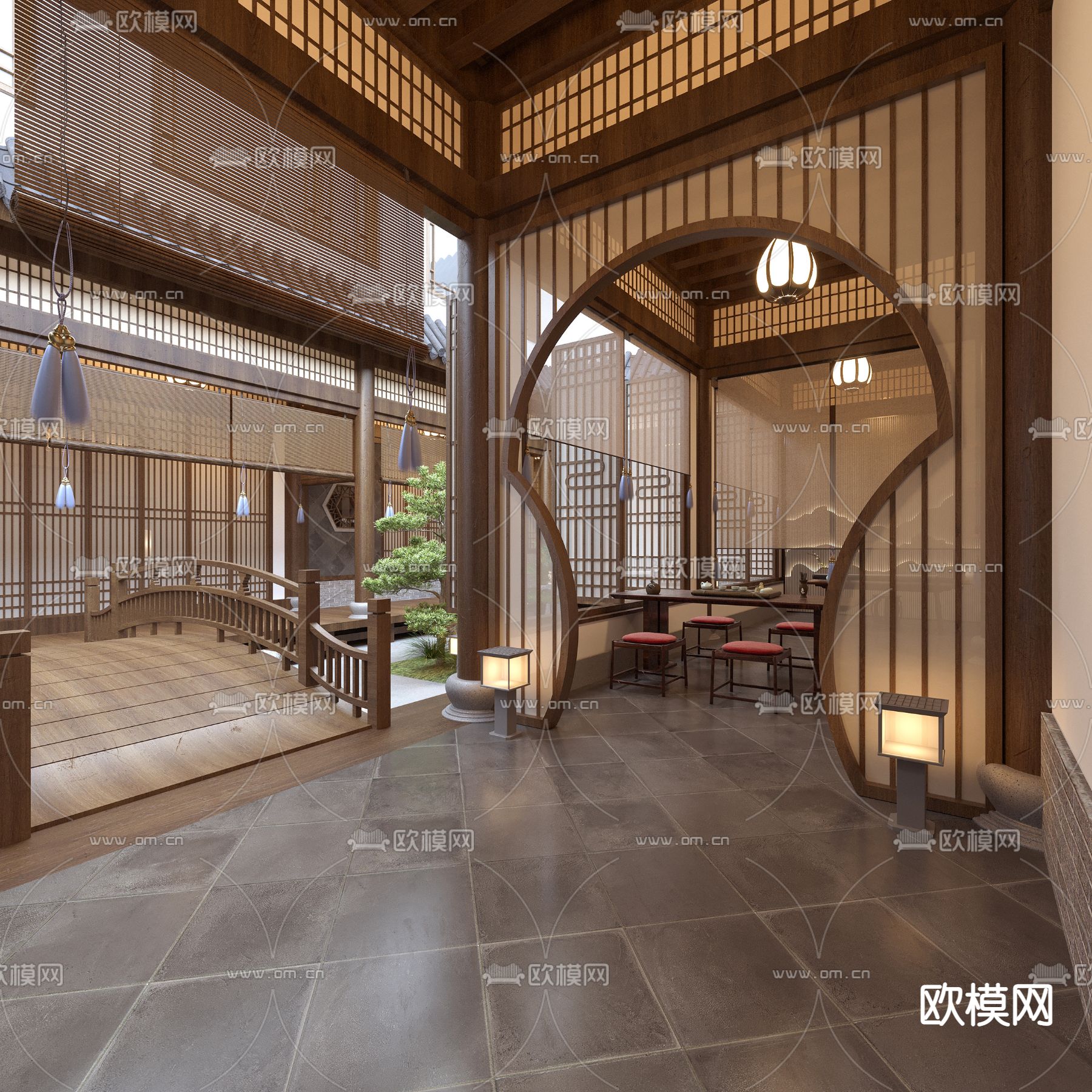 中式别墅中庭庭院3d模型下载（渲染图4）