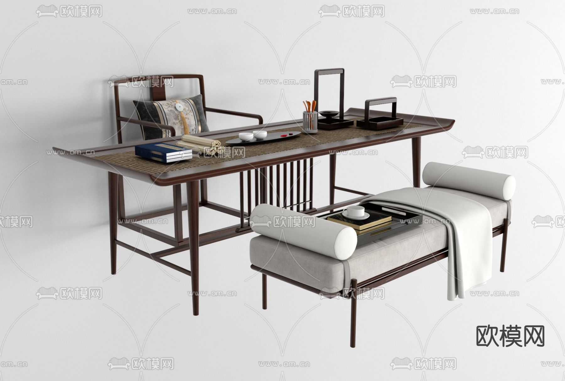 新中式实木书桌椅免费3d模型下载