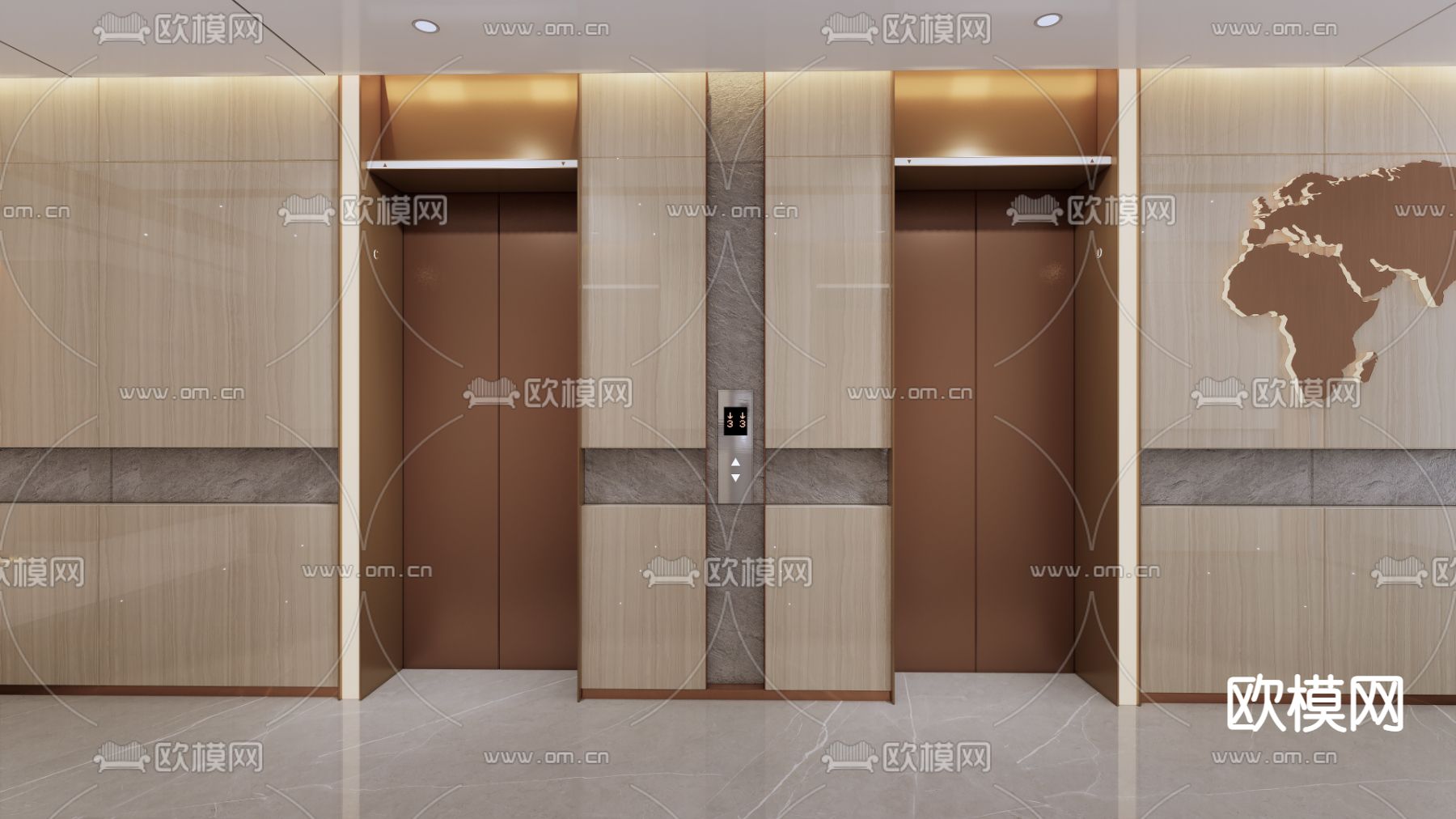 现代办公前台电梯间su模型下载（渲染图2）