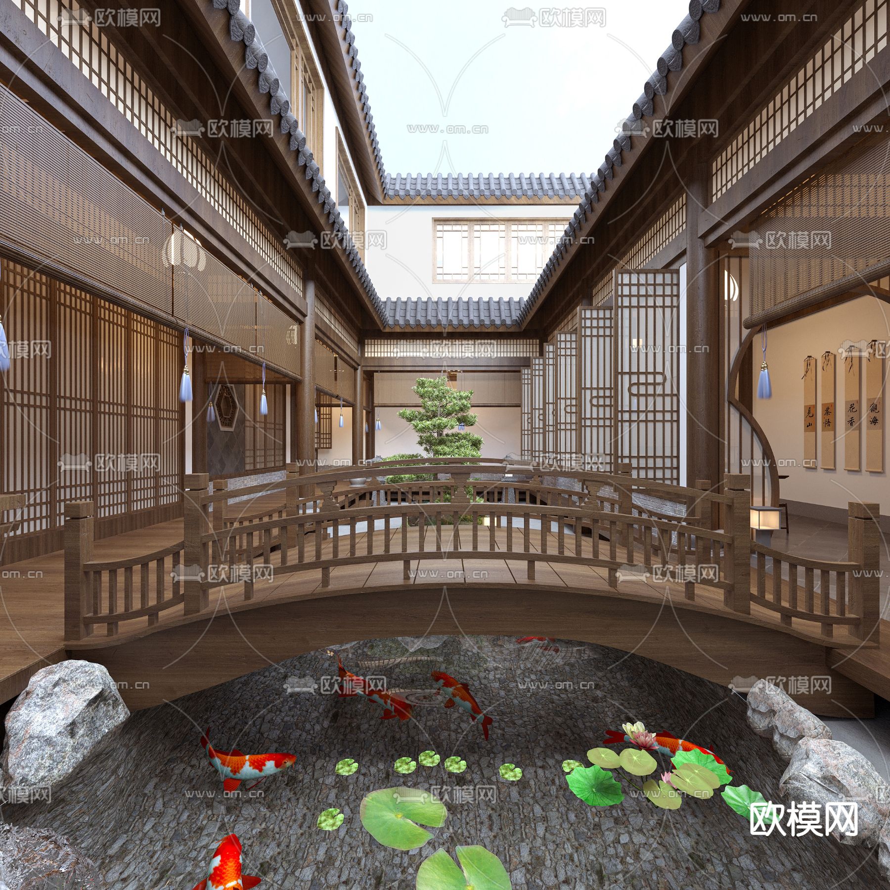 中式别墅中庭庭院3d模型下载（渲染图3）