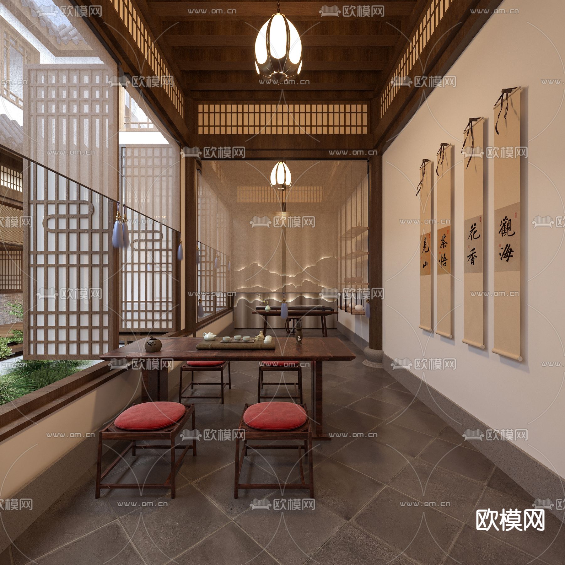 中式别墅中庭庭院3d模型下载（渲染图2）