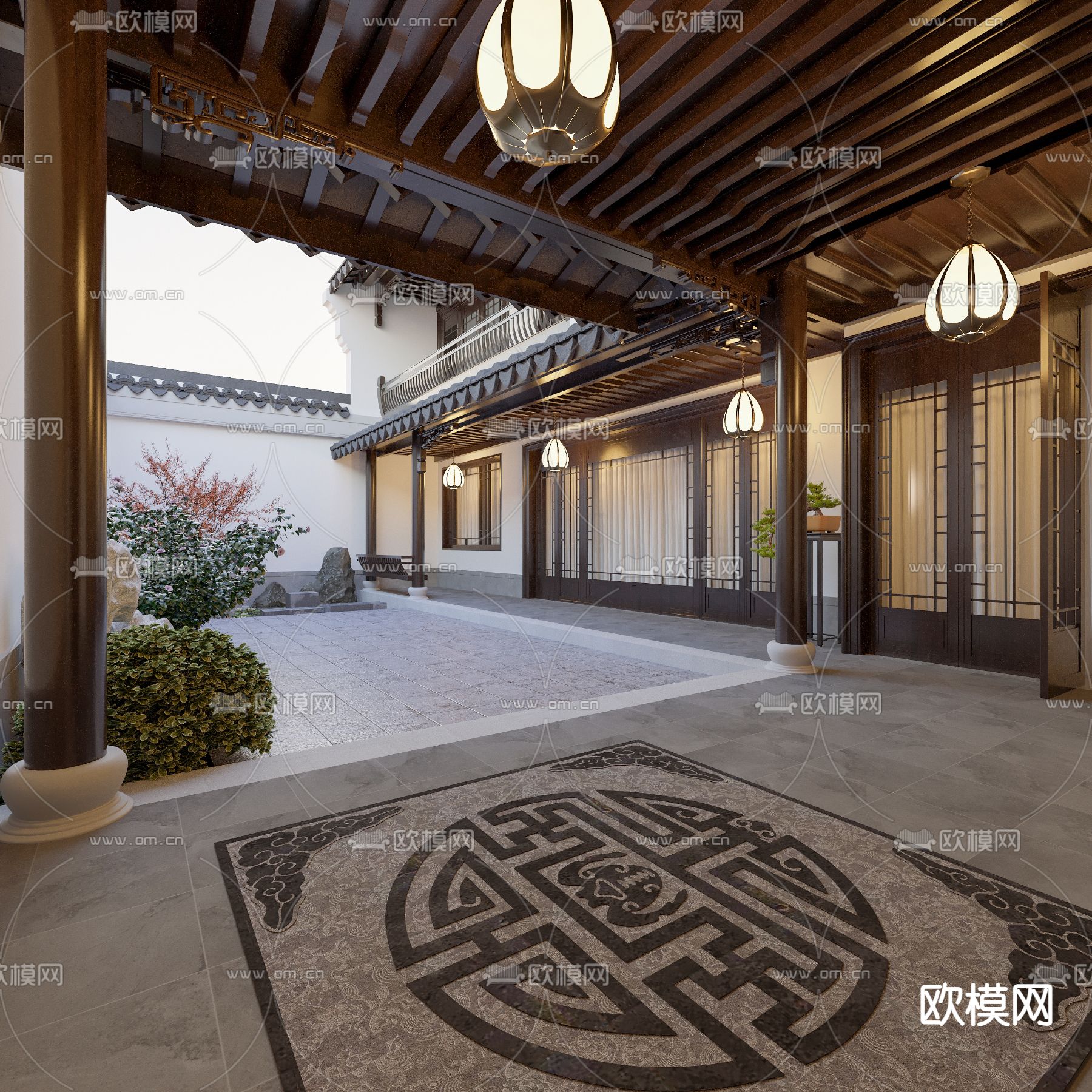 中式徽式别墅庭院3d模型下载（渲染图1）