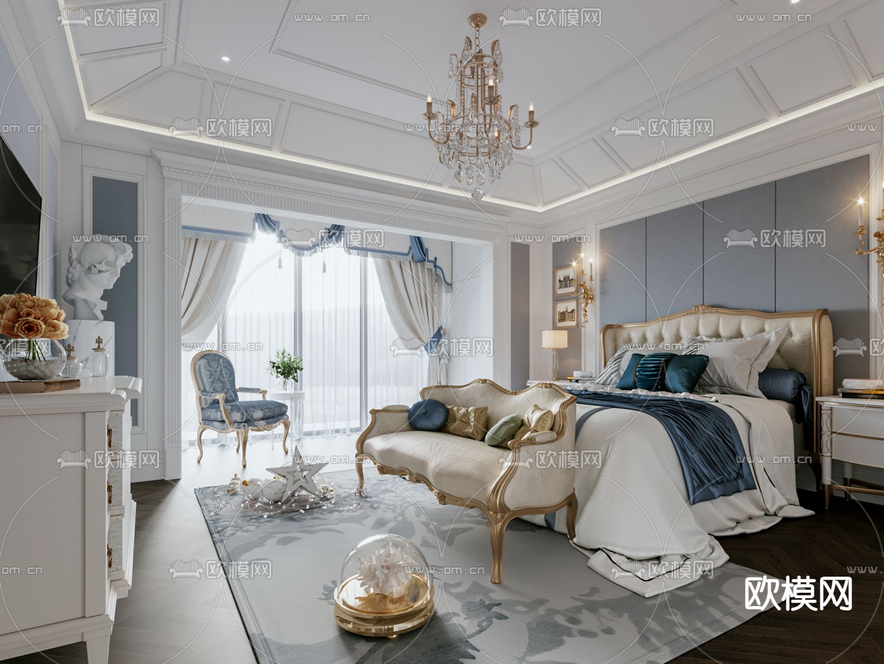 美式轻奢卧室3d模型下载