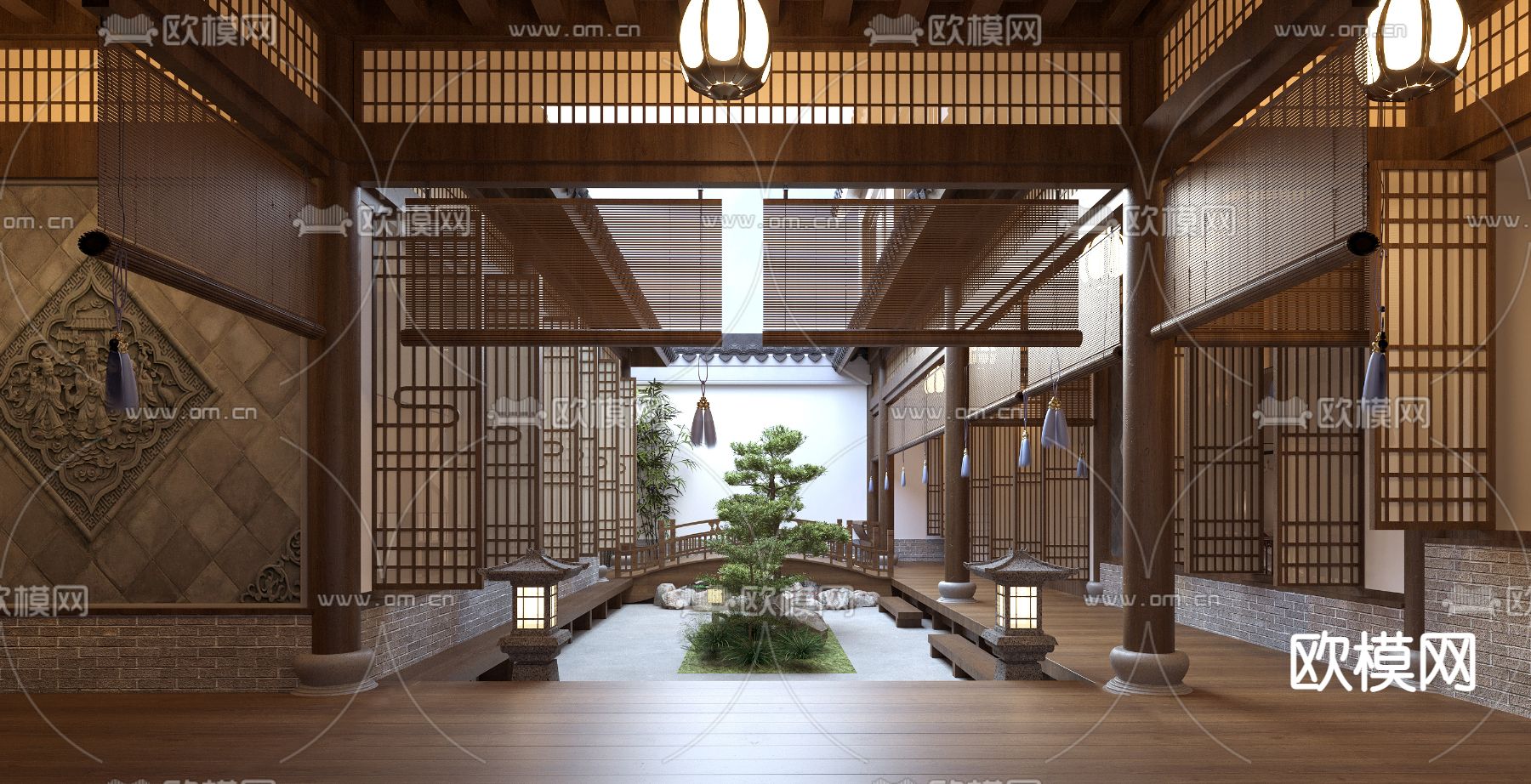 中式别墅中庭庭院3d模型下载（渲染图5）