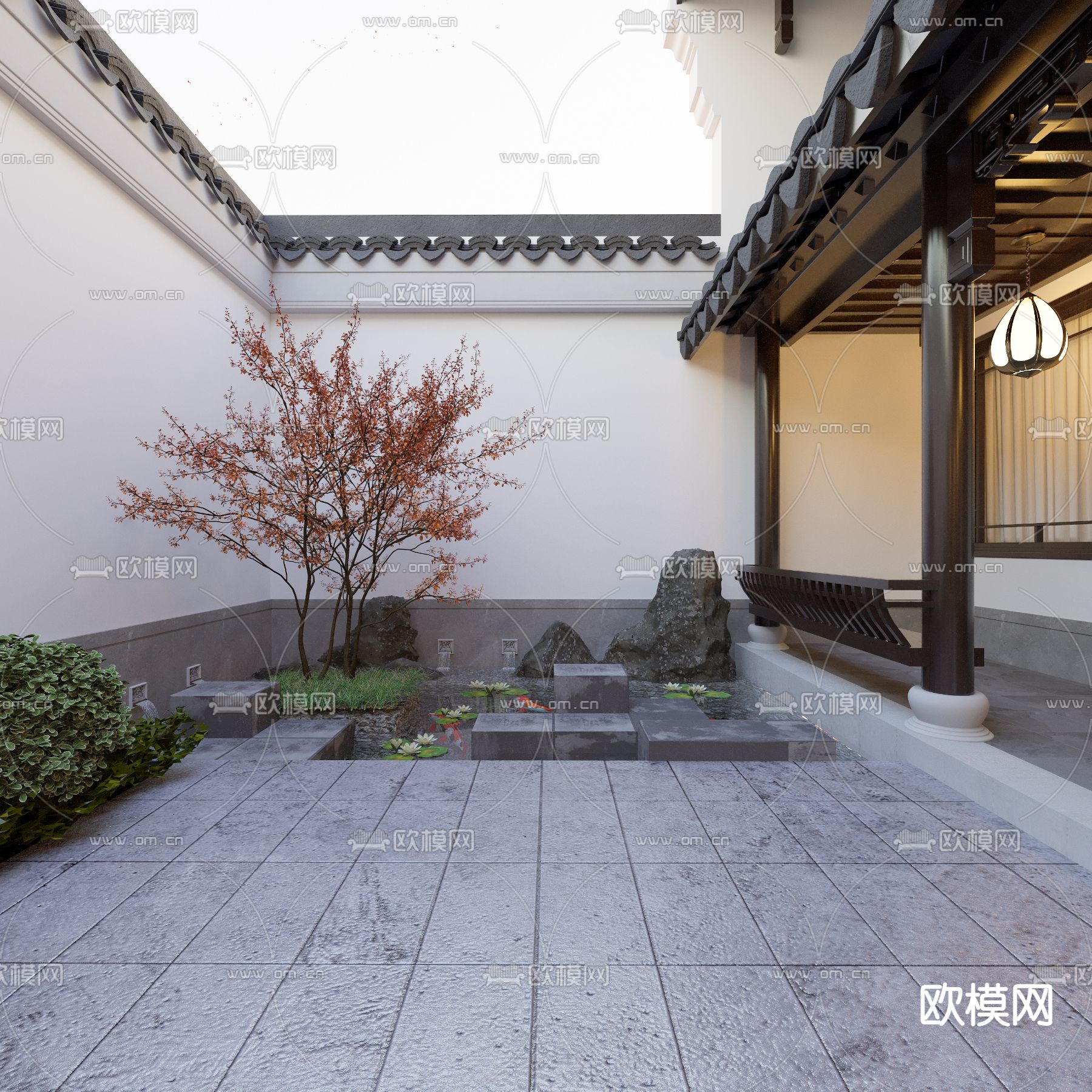中式徽式别墅庭院3d模型下载（渲染图2）