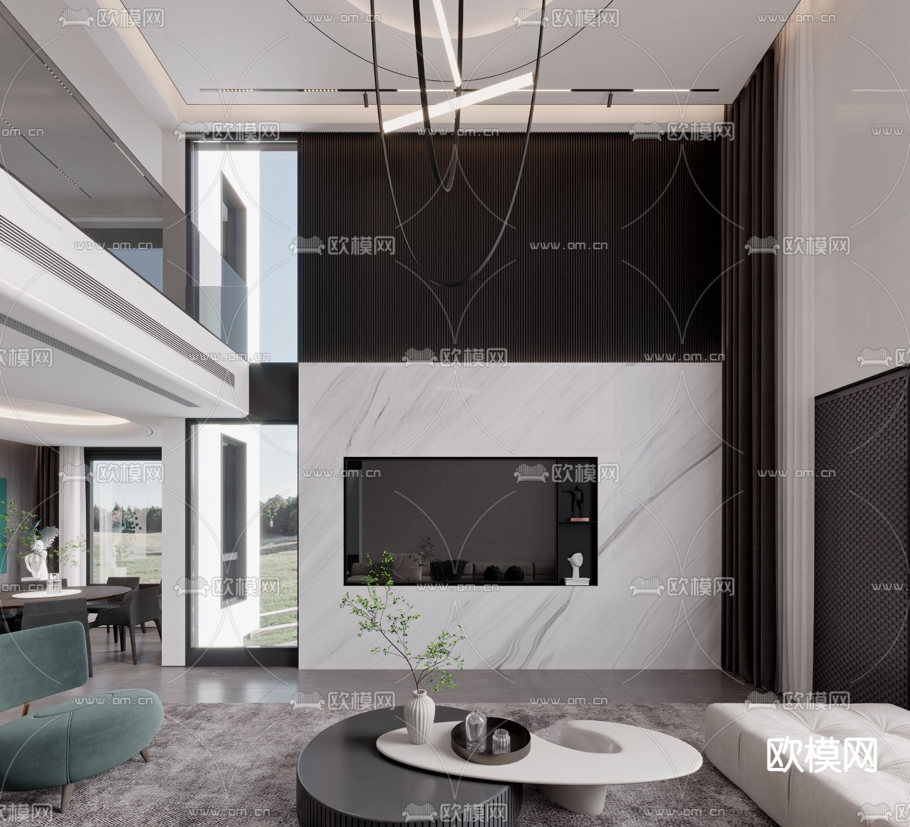 现代高级灰别墅客厅3d模型下载（渲染图2）