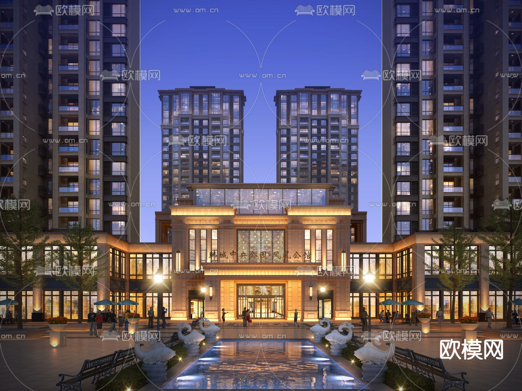 欧式小区住宅夜景建筑外观3d模型下载