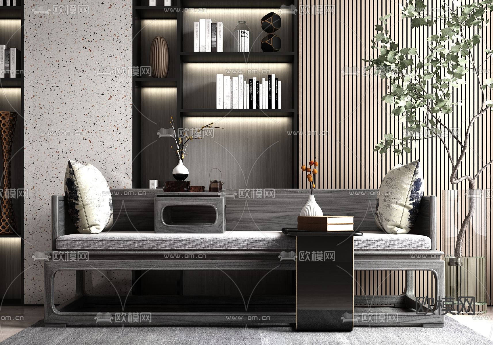 新中式轻奢沙发凳su模型下载（渲染图1）