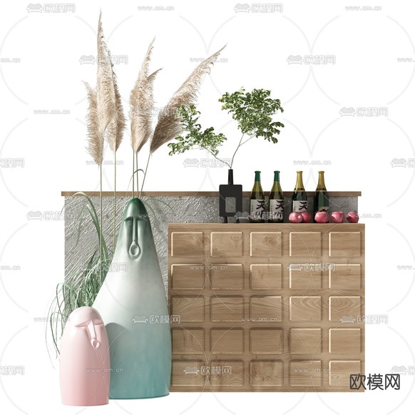 现代雕塑绿植清酒摆件3d模型下载