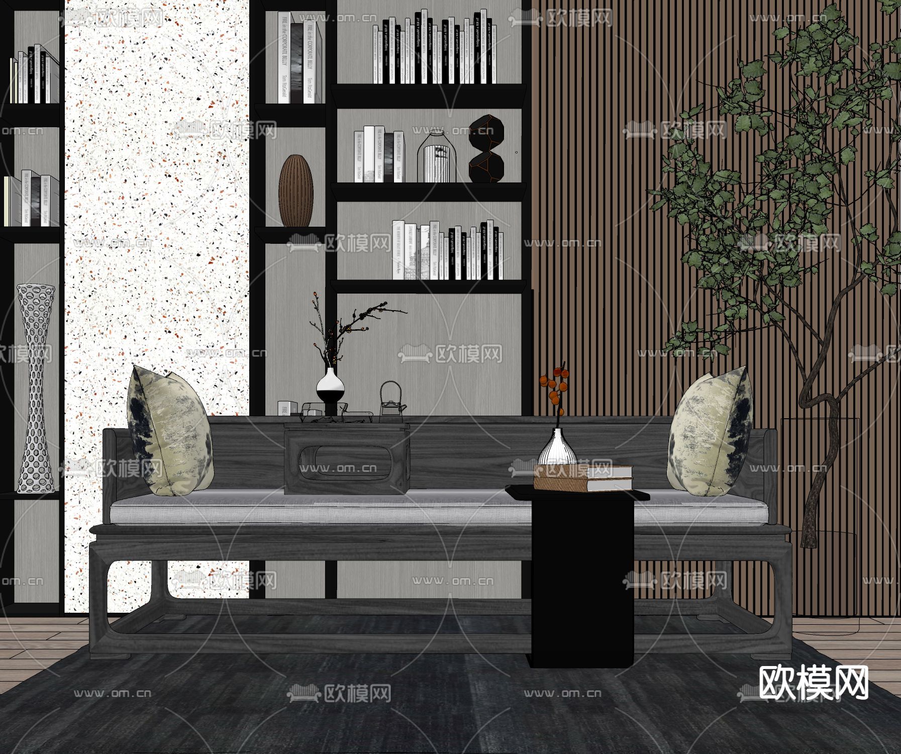 新中式轻奢沙发凳su模型下载（渲染图2）