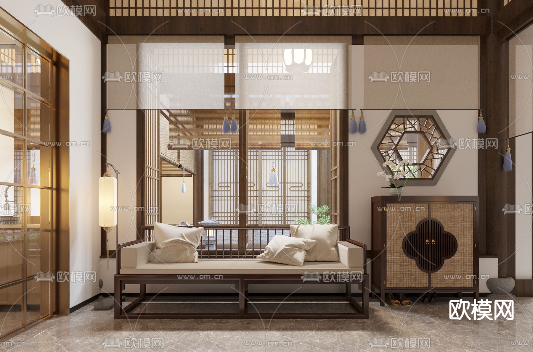 中式别墅中庭庭院3d模型下载（渲染图1）