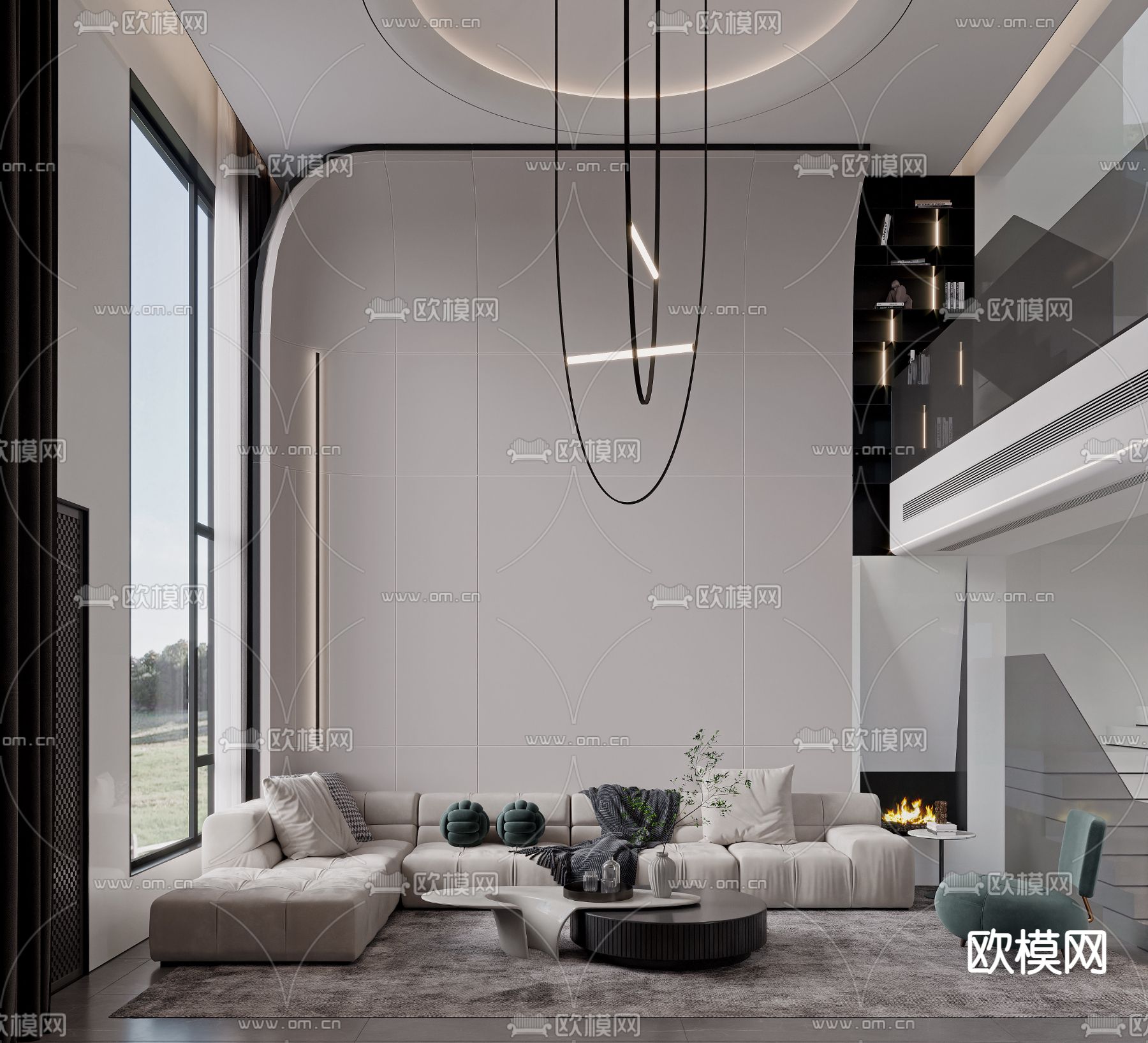 现代高级灰别墅客厅3d模型下载（渲染图1）