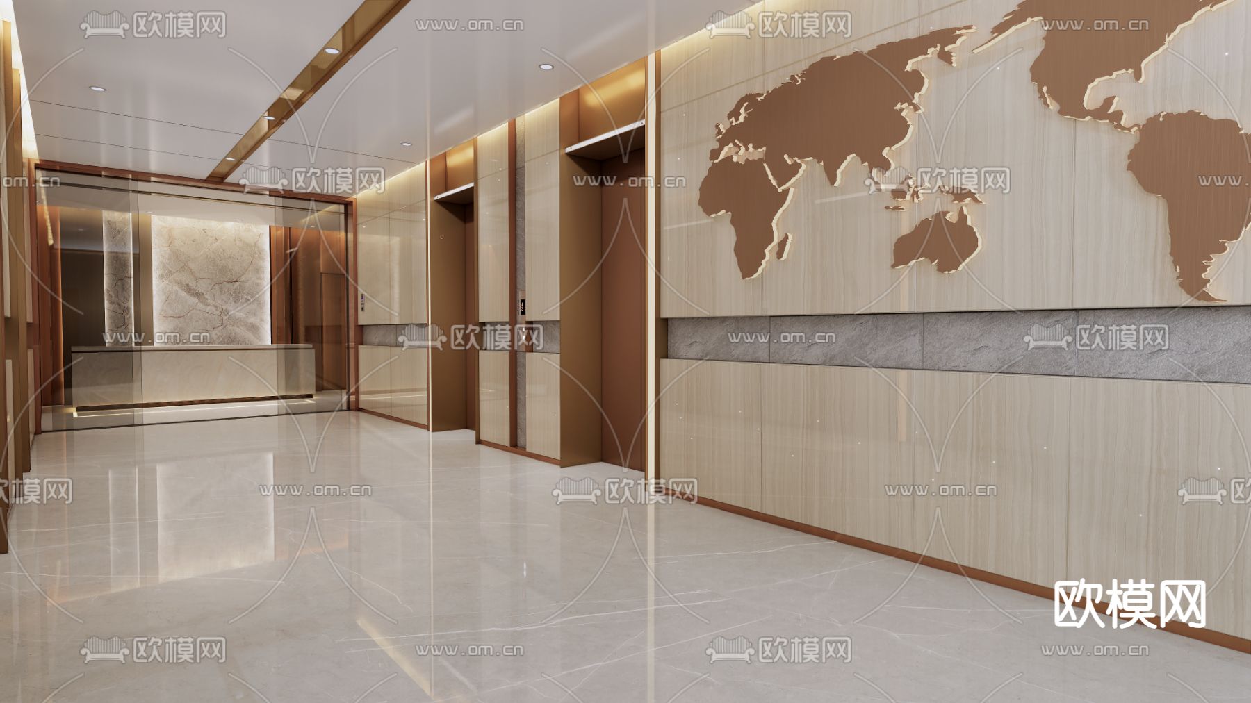 现代办公前台电梯间su模型下载（渲染图1）