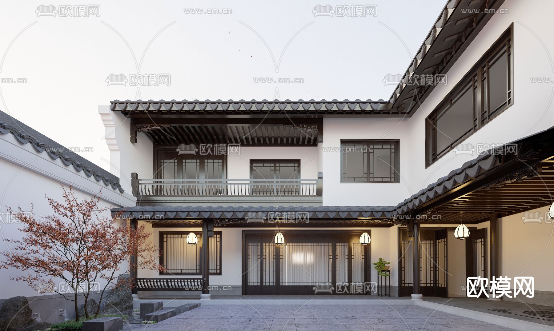 中式徽式别墅庭院3d模型下载（渲染图4）