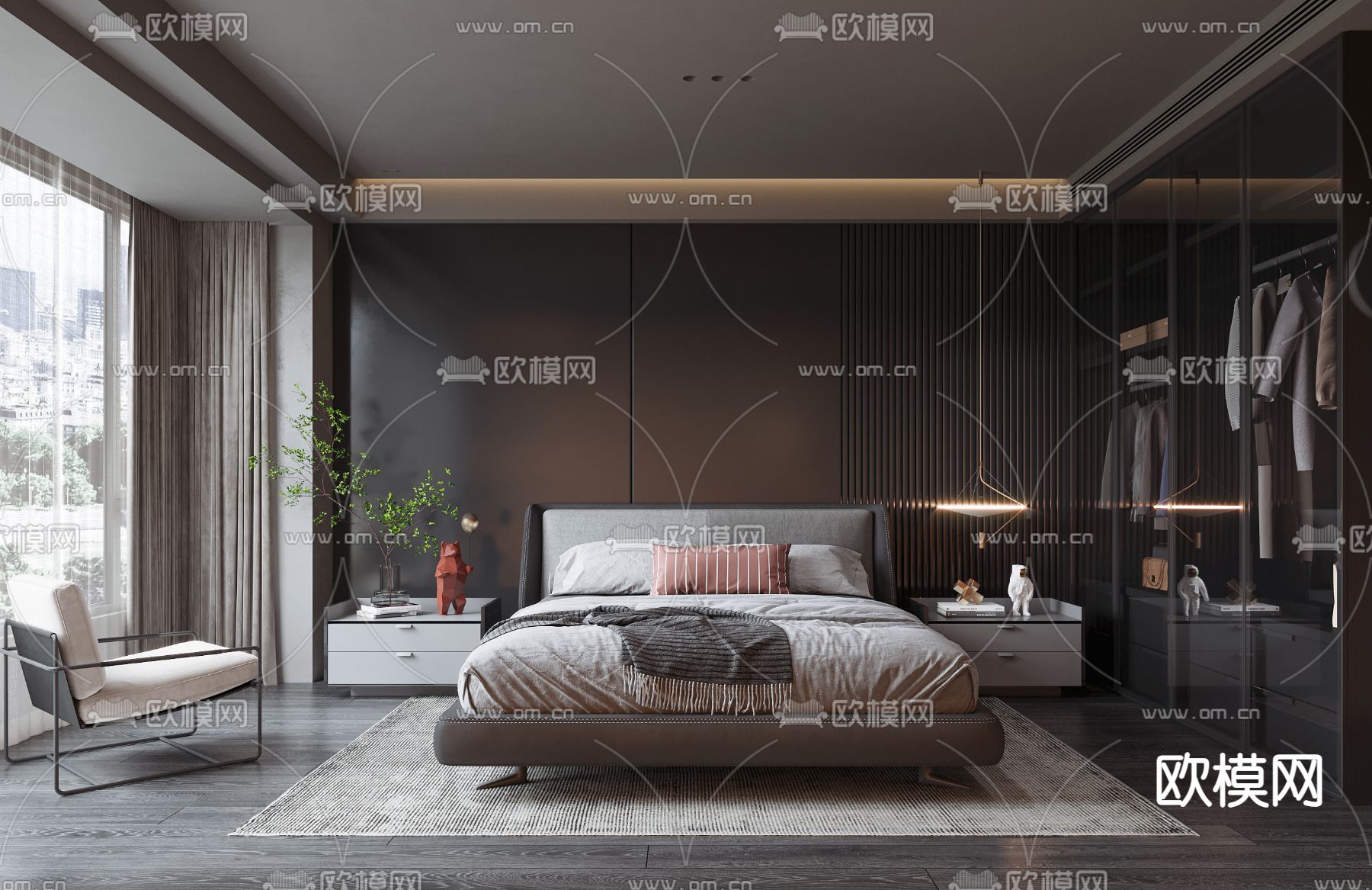 暗黑风 卧室主人房3d模型下载