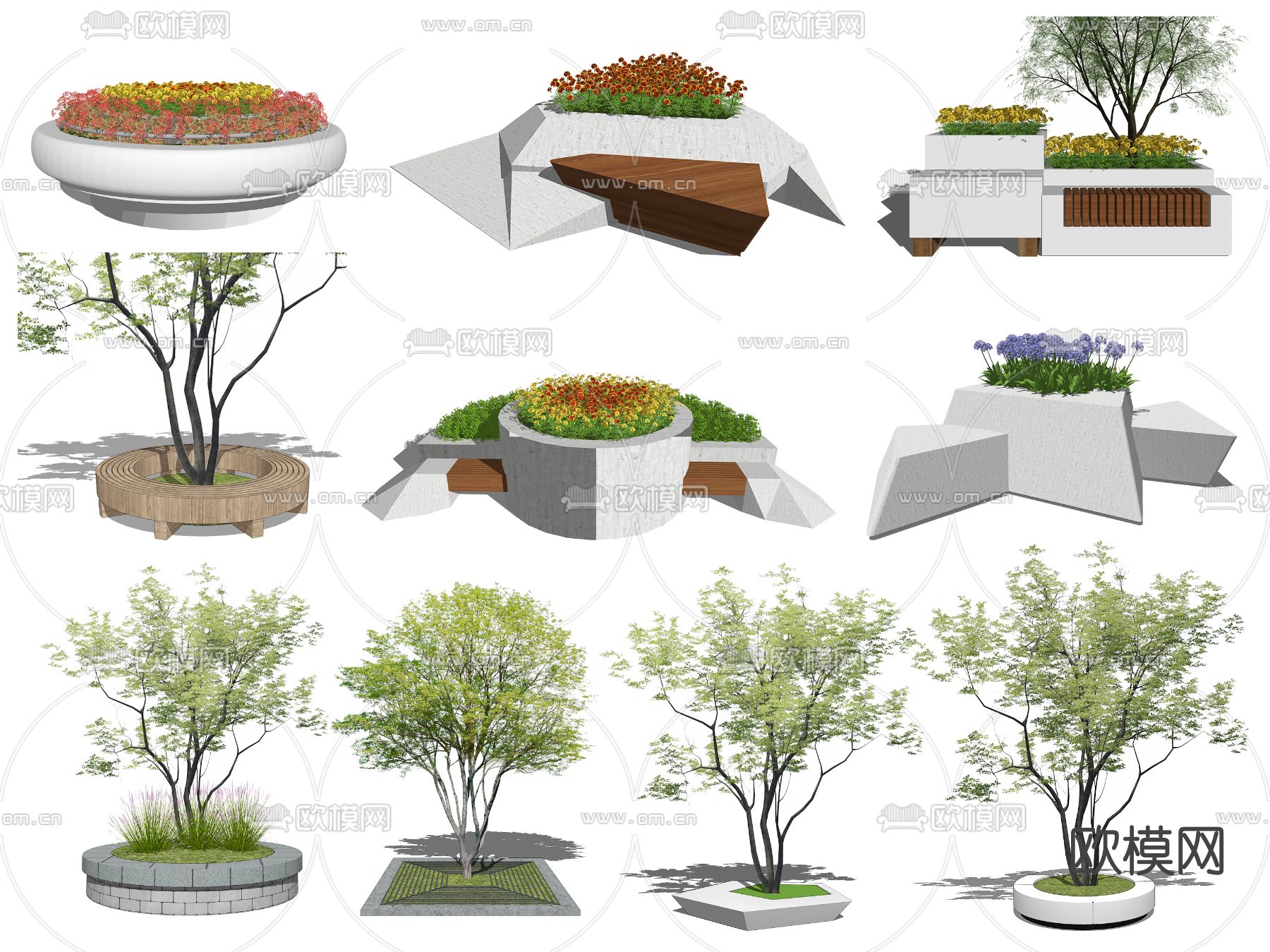 现代树池花坛公用椅su模型下载