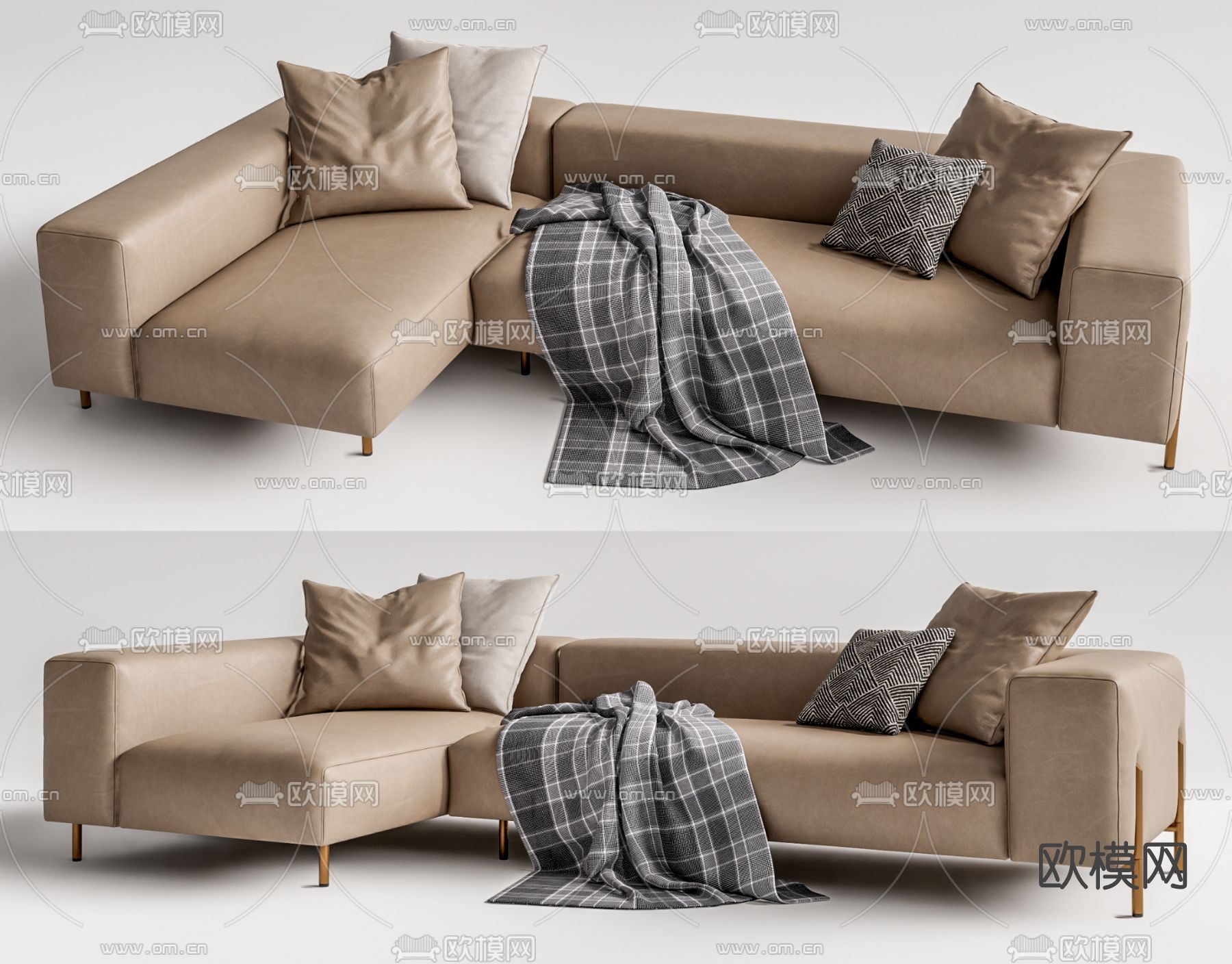 现代皮革转角沙发su模型下载（渲染图1）