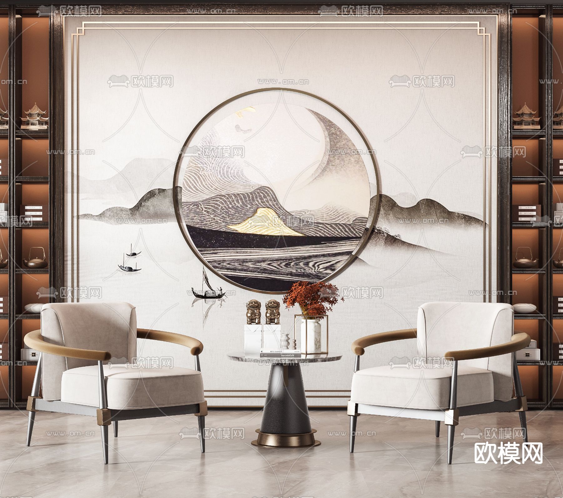 新中式布艺单人沙发3d模型下载