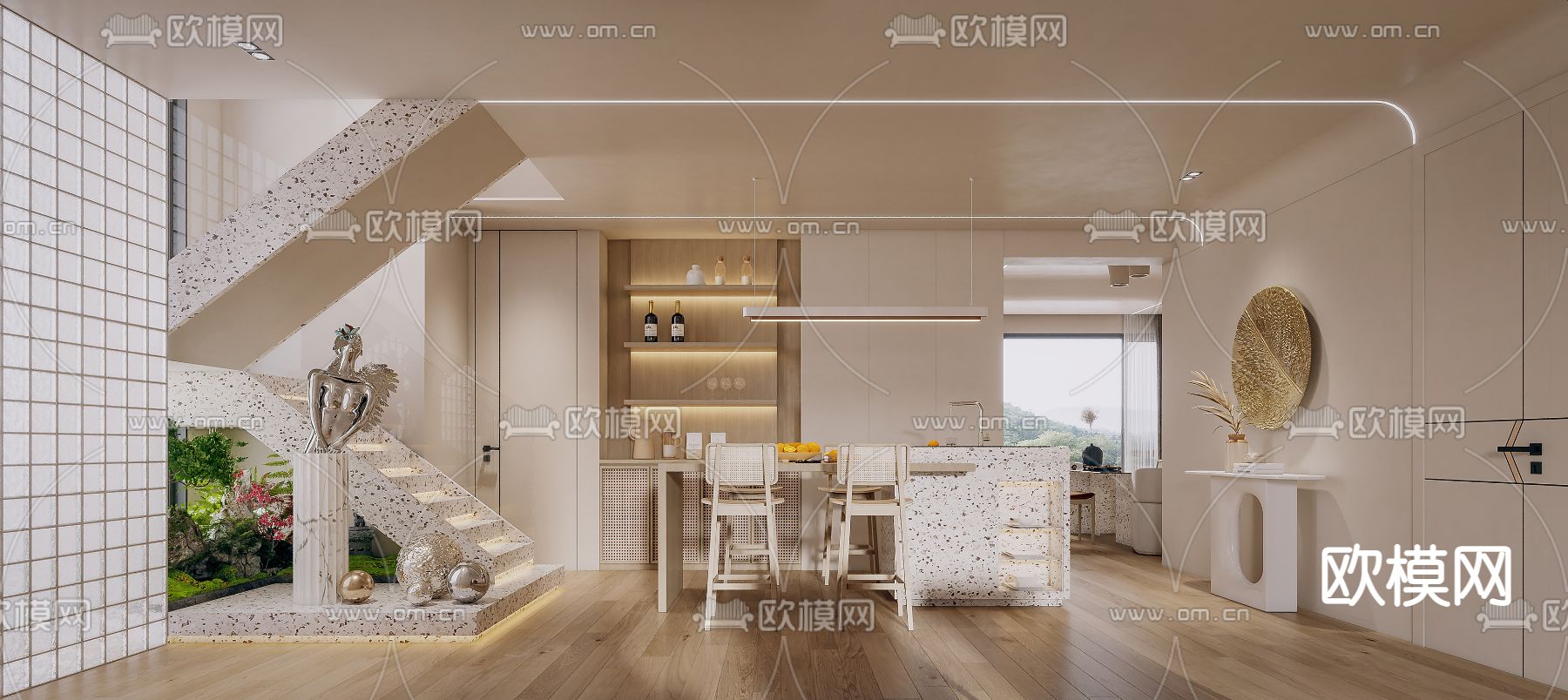 侘寂复式客厅餐厅3d模型下载（渲染图3）