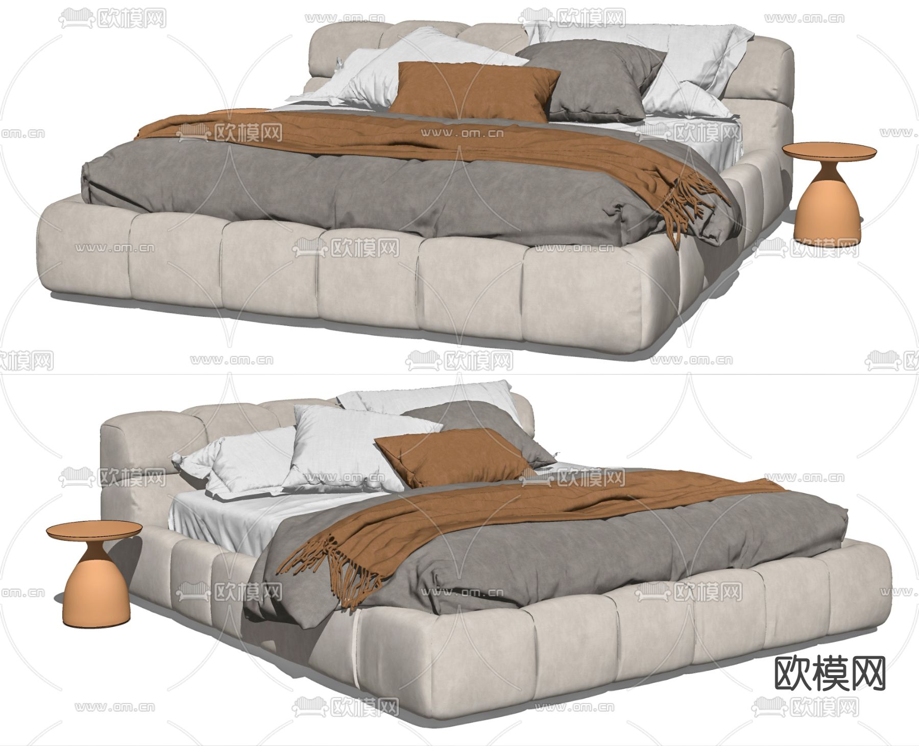 现代布艺双人床su模型下载（渲染图2）