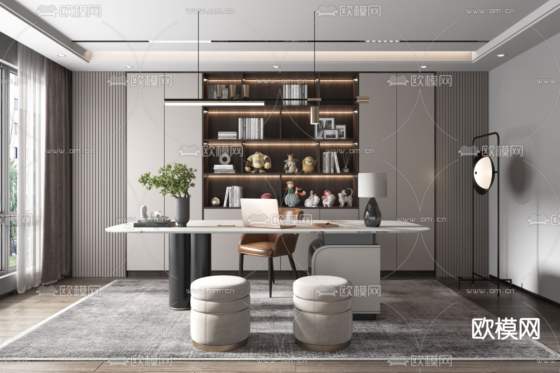 现代轻奢书房3d模型下载
