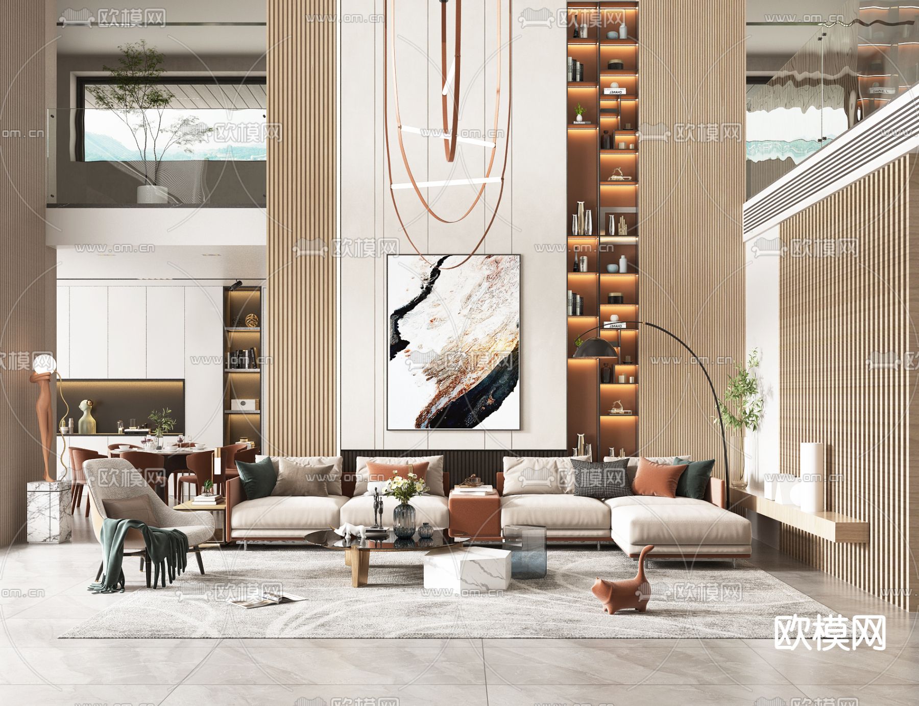 现代轻奢别墅客厅餐厅3d模型下载